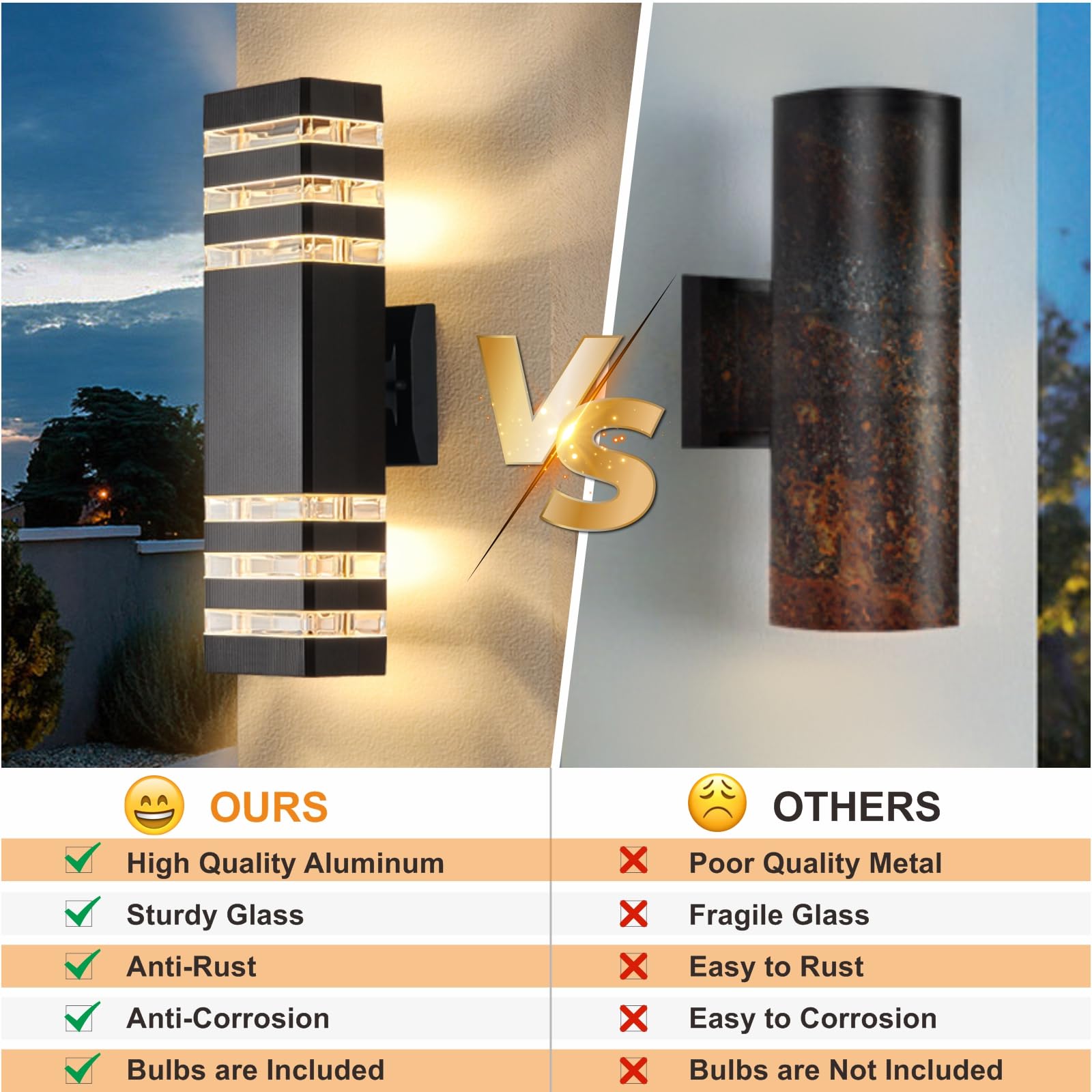 Dastor 2 Pack Waterproof Aluminum Outdoor Wall Lights, Modern Up And Down Fixture, Black