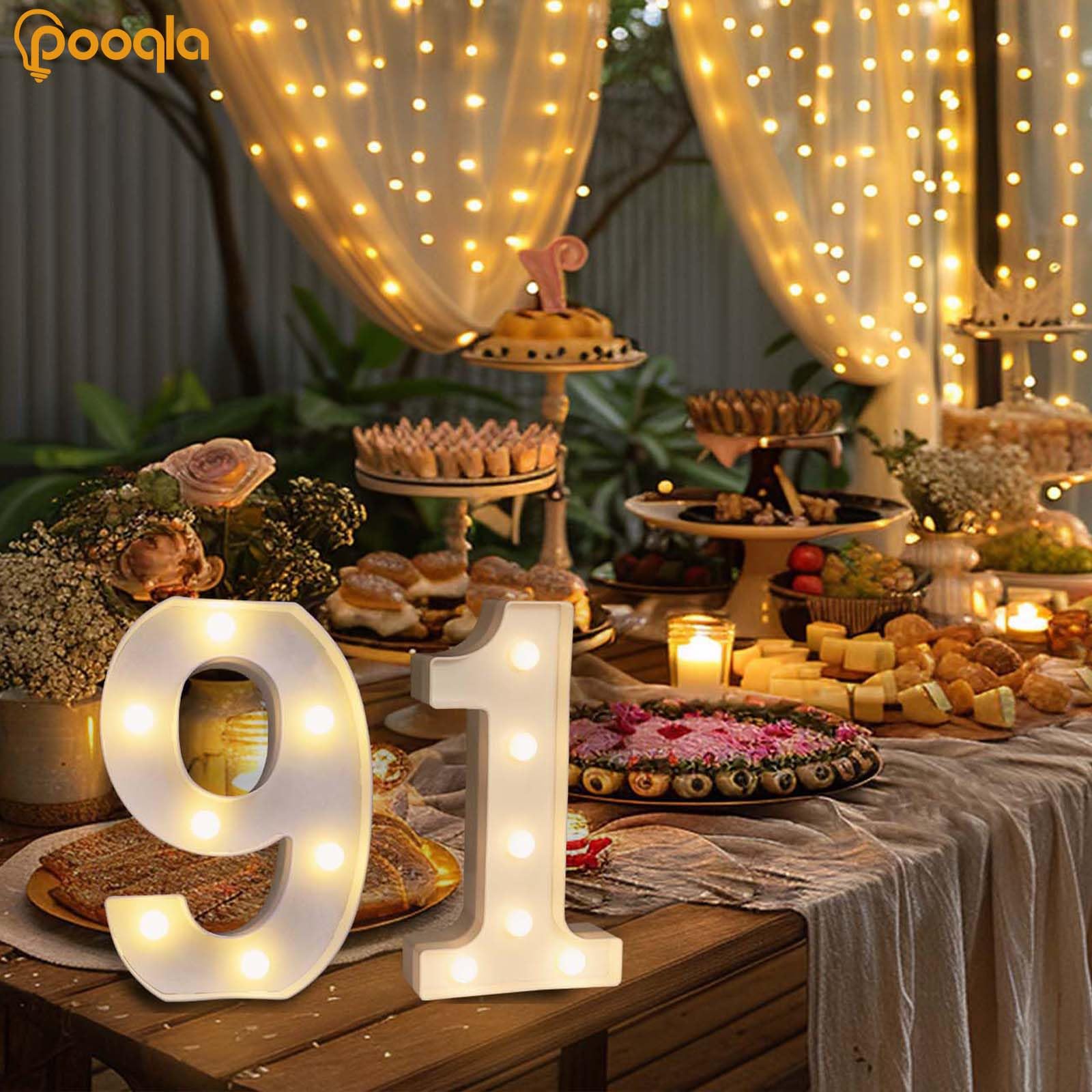Pooqla Decorative Led Light Up Number Letters, White Plastic Marquee Number Lights Sign For 91Th Birthday Party Wedding Decor Battery Operated Number (91)
