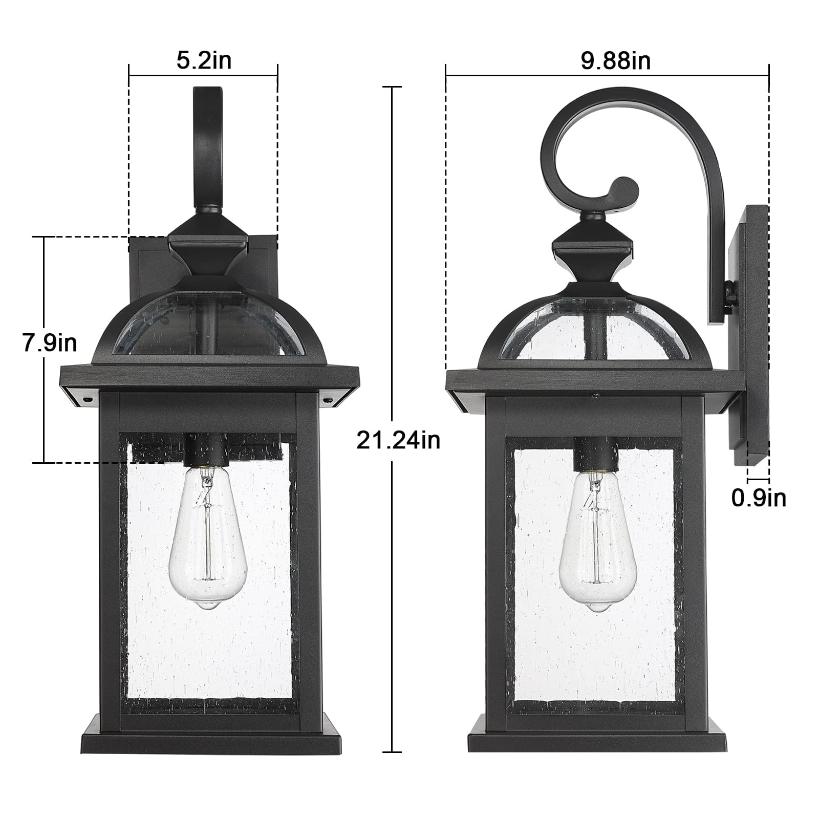 Darkaway Outdoor Wall Sconce Lighting, 22in Waterproof Fixture, 2 Pack, Black with Seeded Glass, Model 6D5B-M-2PK BK