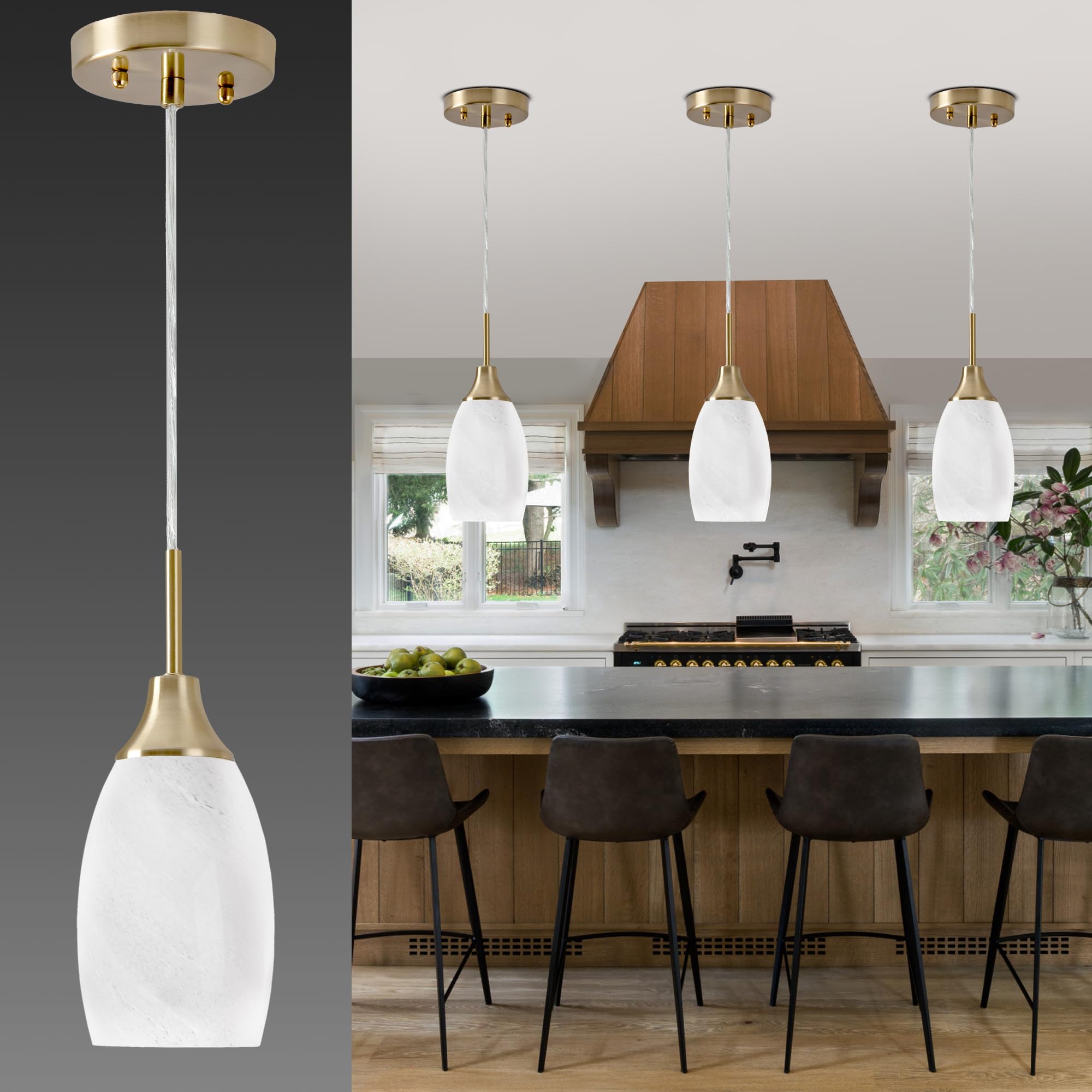 Viinew Mini Glass Pendant Light, Handblown White Swirl Art Glass, Gold, 4.72in, Model WY G1, 1-Pack, Ceiling Fixture for Dining Room