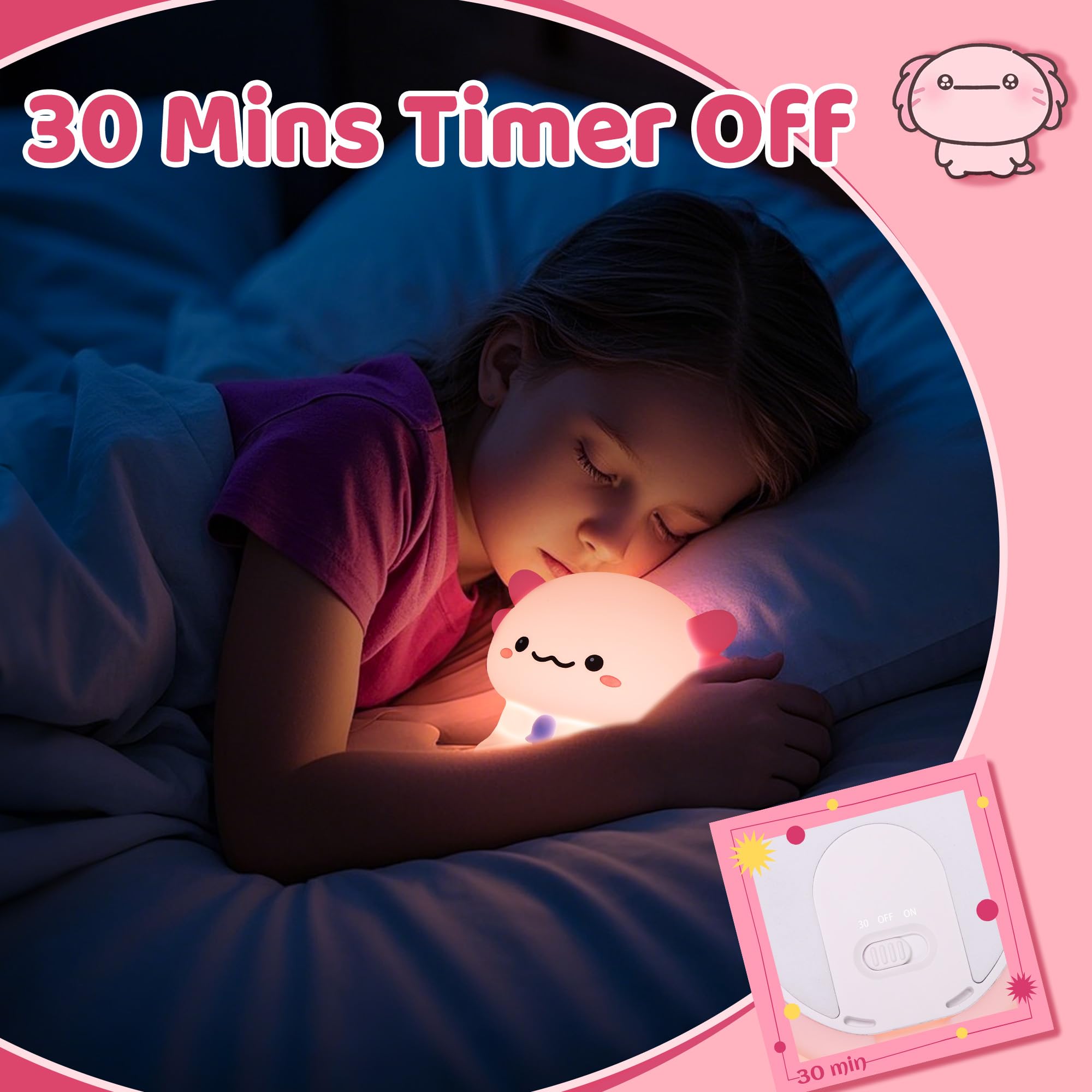 YuanDian Axolotl Night Light, Gift for Children and Babies, Decorate Kids Bedroom with Cute Silicone Axolotl Nightlights, Chris