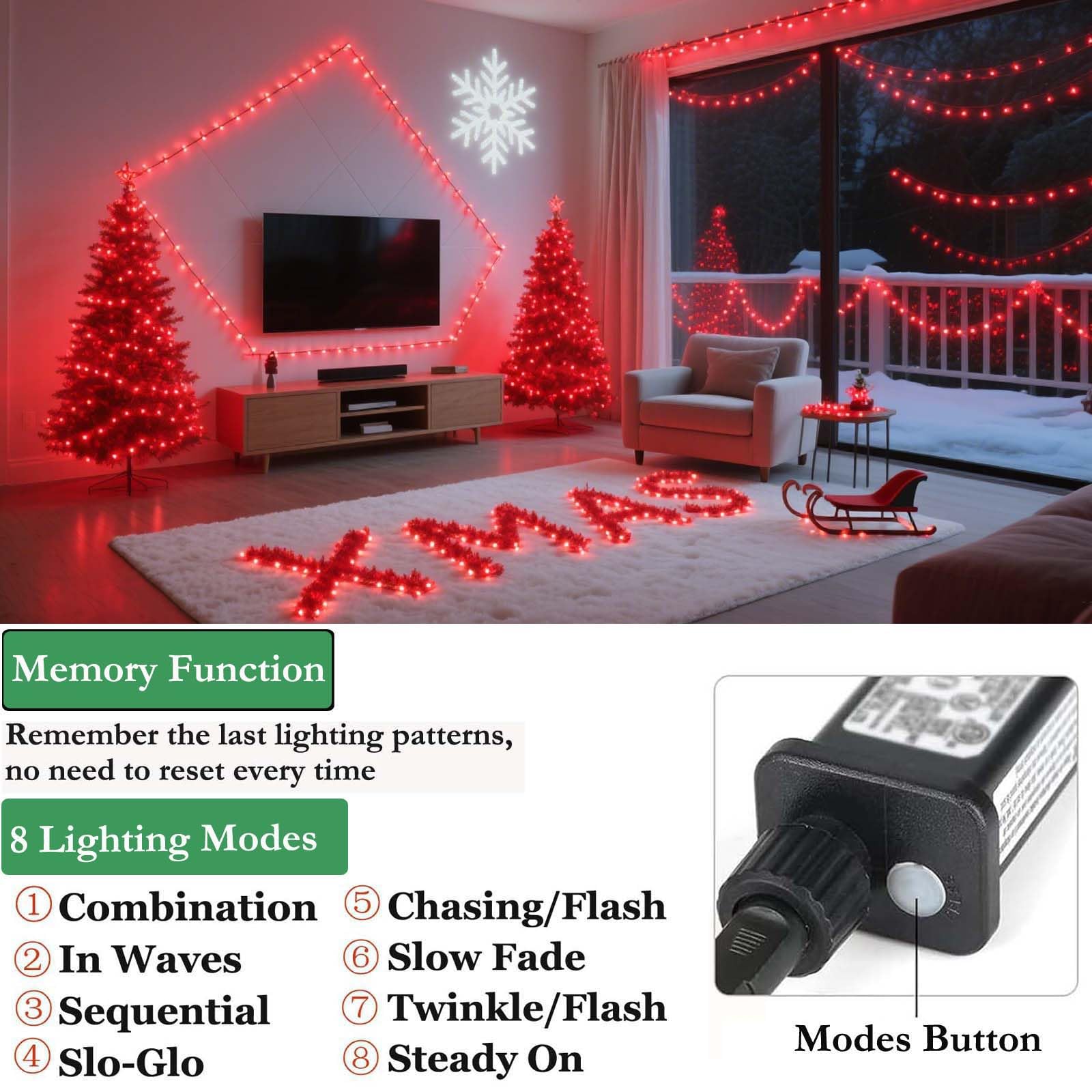 Tcamp 164Ft 500 Led Red Christmas Lights  8 Modes Christmas Tree Lights With Timer Memory Function  Green Wire Starry Fairy String Light For Xmas Tree Outdoor Indoor Decor