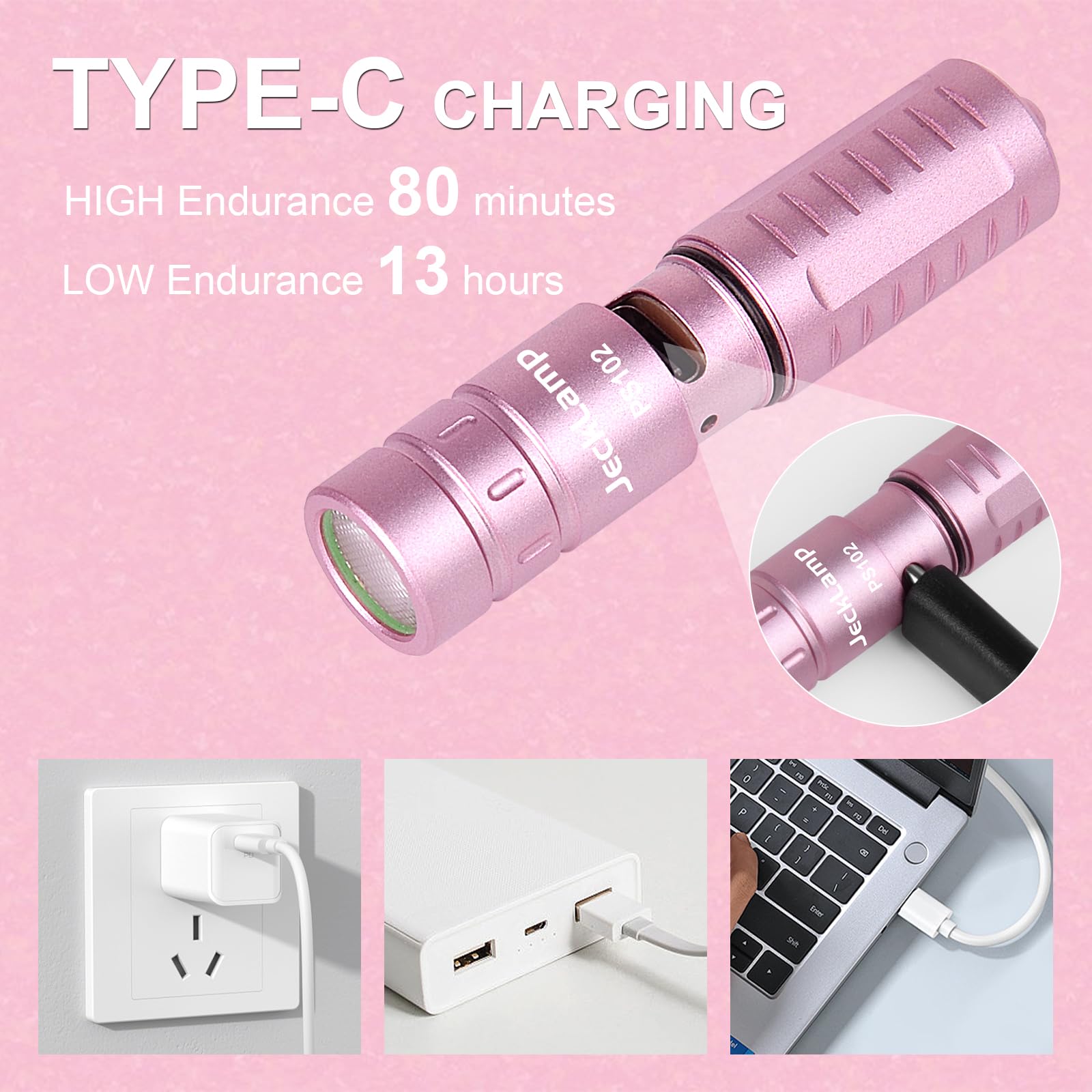 JECKLAMP Rechargeable Keychain Flashlight, 200 Lumens, Aluminum, Model PS102, Pink
