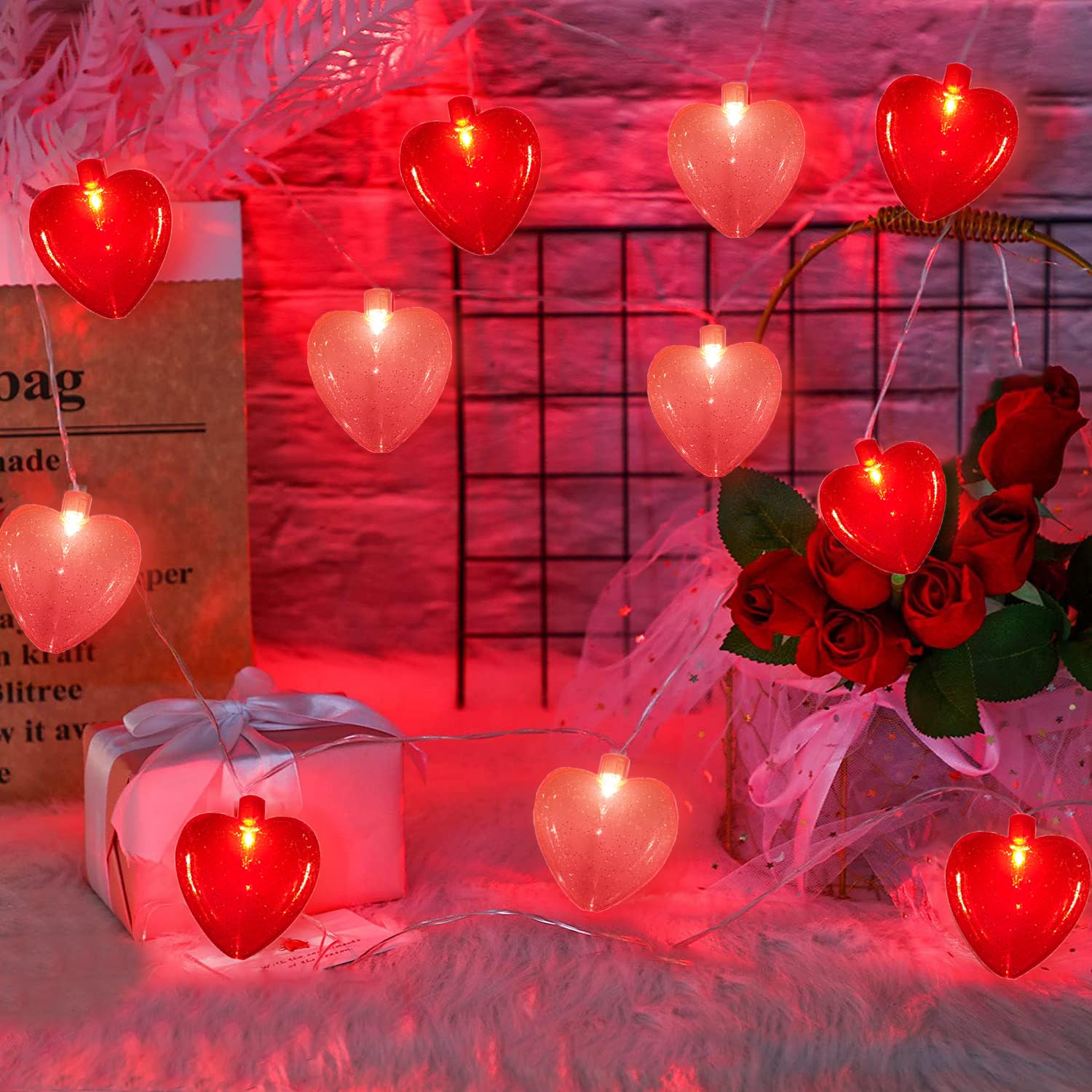 Doratale 8.5Ft Heart Fairy String Lights - 10 Red Pink 3D Heart Lights For Valentine'S Decor