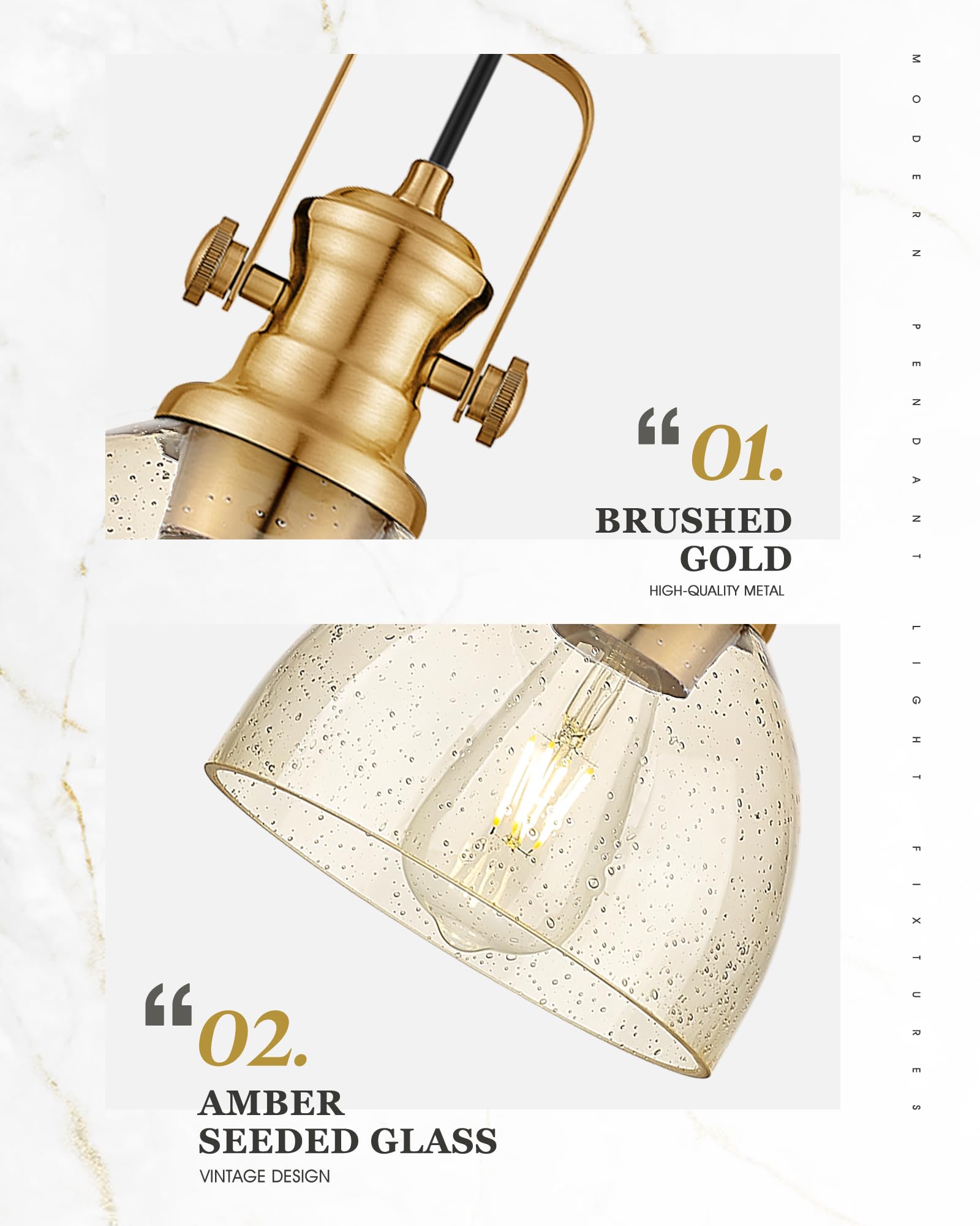 Audickic Pendant Lights Kitchen Island, 7.5" Farmhouse Pendant Lighting With Amber Seeded Glass Shade, Vintage Hanging Light Fixtures For Dining Room, Brushed Gold, Ad-22151-1P-Gd-Or