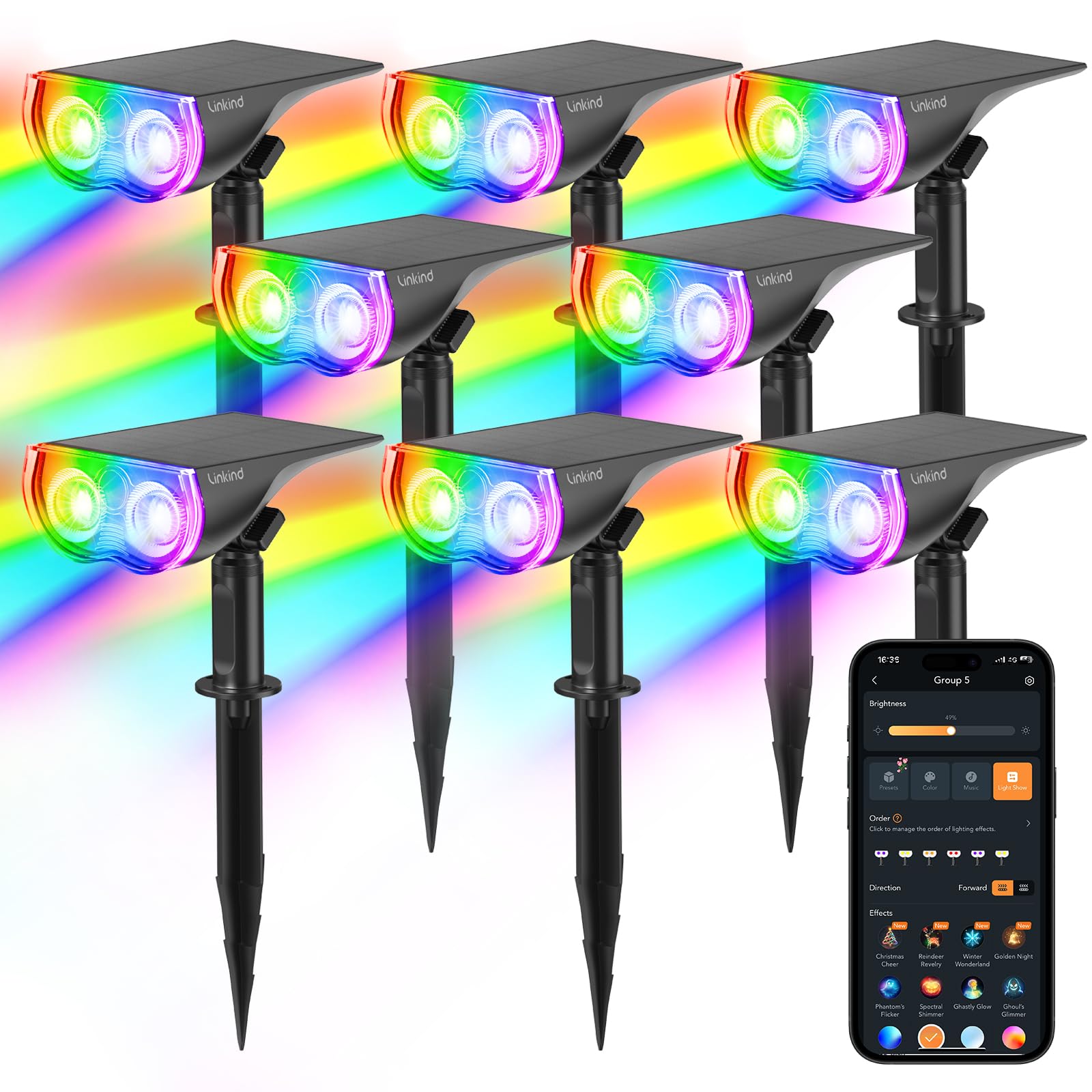 Linkind Smart Solar Spot Lights, Color Changing, IP67, 8 Pack, High-impact ABS Plastic, Outdoor Landscape Lighting