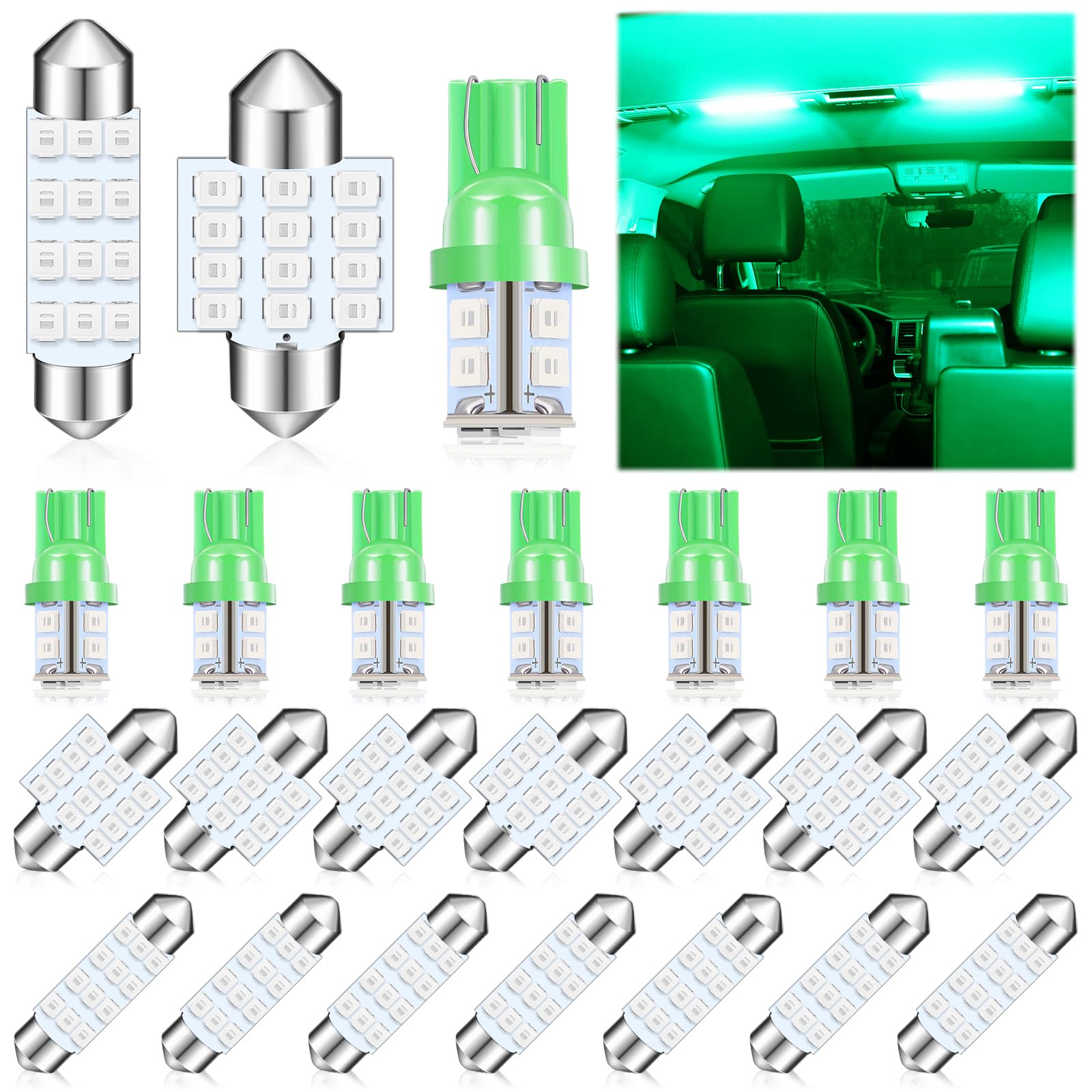 Tallew 24 Pieces Dome Light LED Car Bulb Kit Set T10 31 mm 42 mm LED Festoon Bulbs Interior LED Interior Replacement Bulbs for Car Map Door Courtesy(Green)