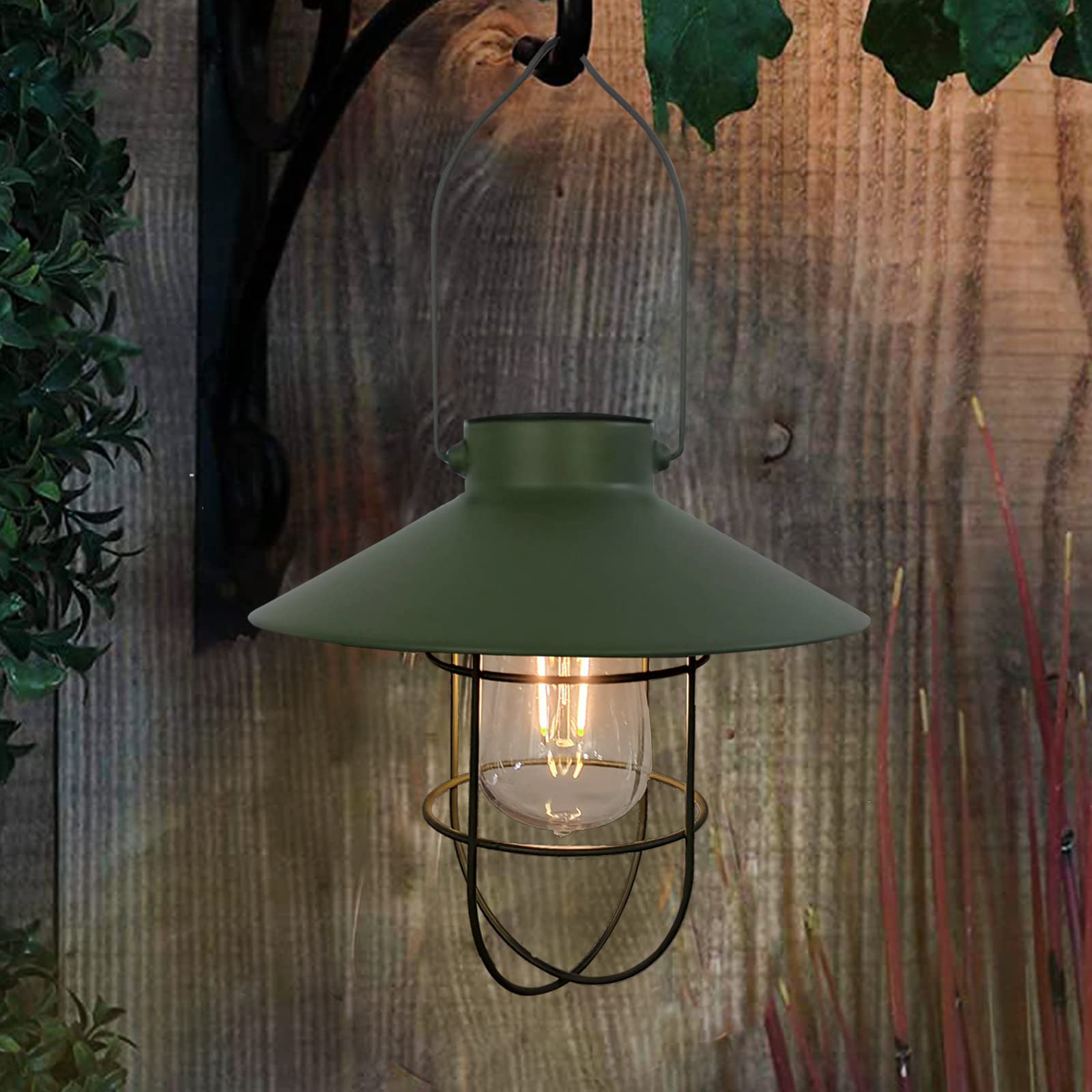 pearlstar Solar Lantern Outdoor Hanging Light Metal Garden Decor with Warm White Edison Bulb - Green, Model HIA049