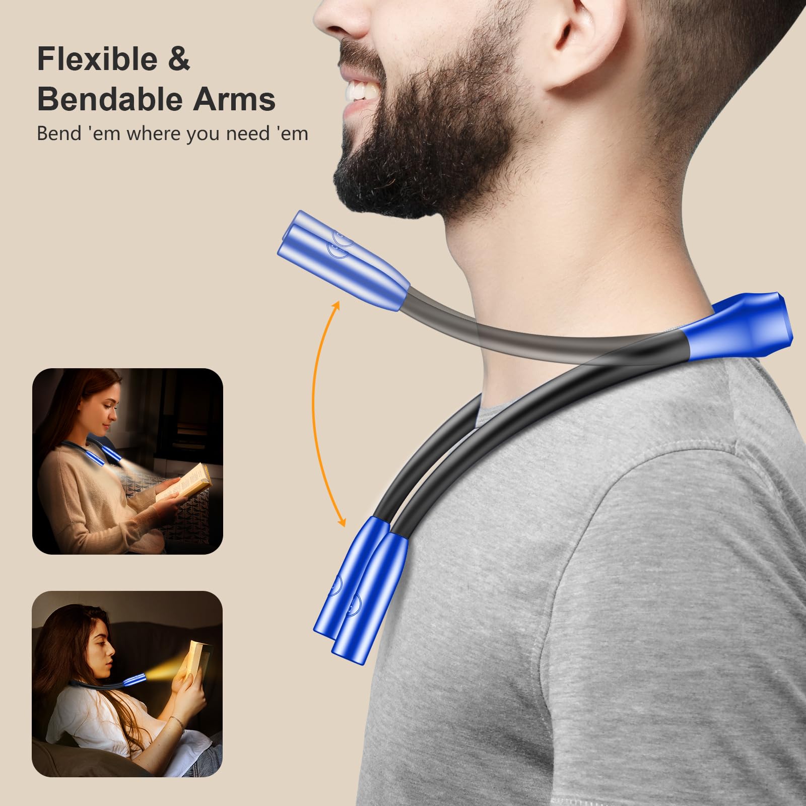 Gritin LED Neck Reading Light - Dimmable, 3 Colors, Compact, Dark Blue, Model G1337, 80+ Hours Runtime, Eye Caring Design for Reading in Bed