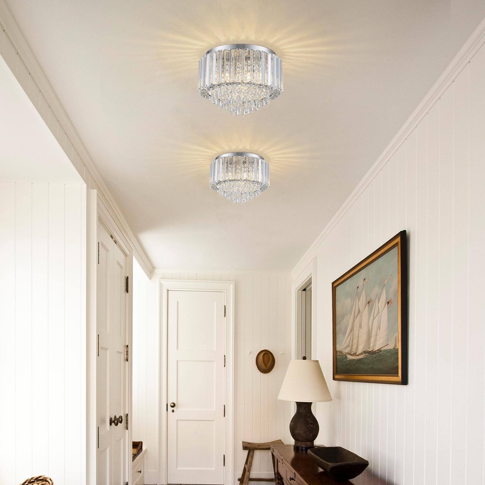 HOPGGIE Crystal Chandelier Light Fixture, 11.8 Inch Semi Flush Mount, Chrome, Model HJ-019 for Bedroom, Hallway, Kitchen
