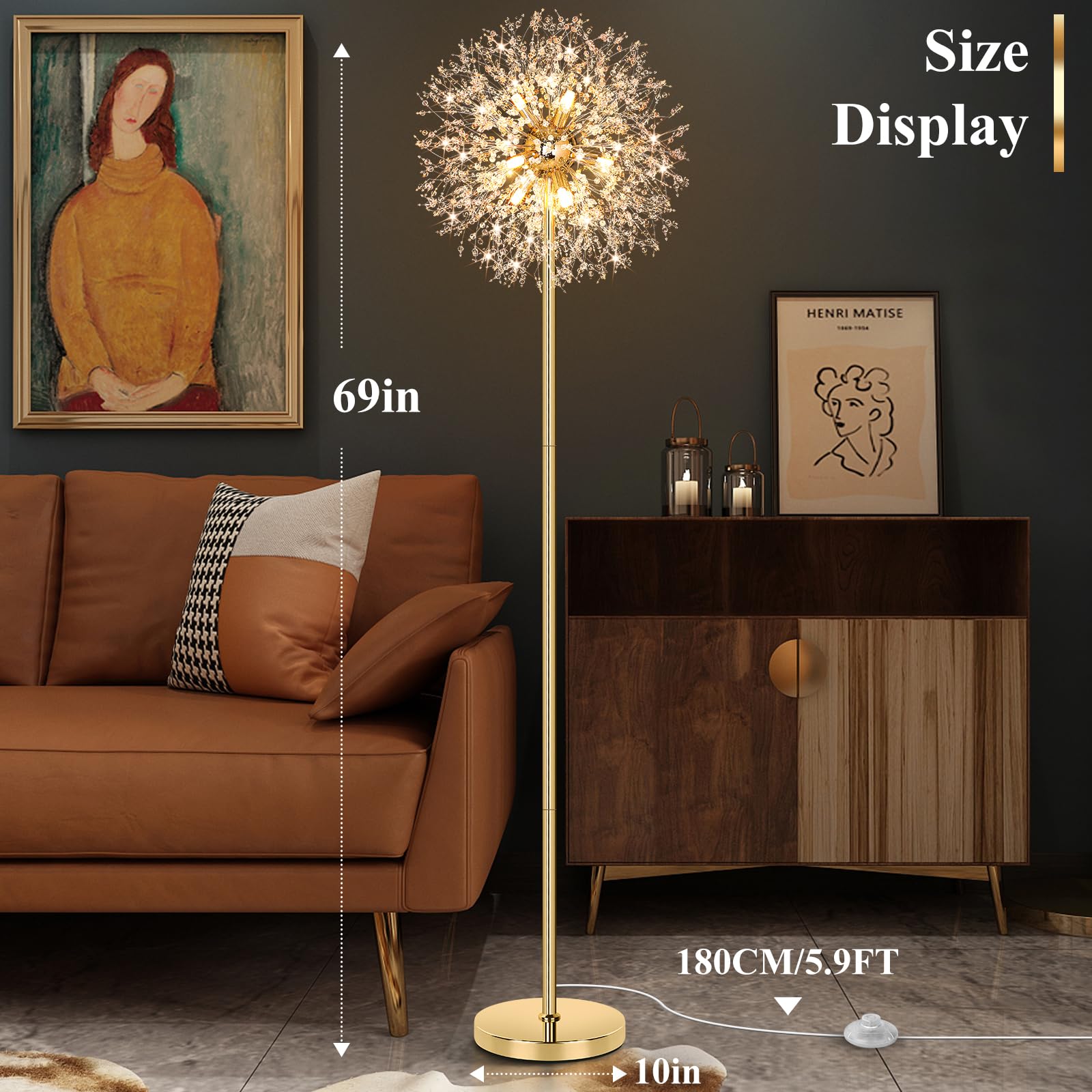 Beslowe 69'' Crystal Floor Lamp, Modern Gold Standing Light With 738 K9 Crystals & 9 Led Bulbs
