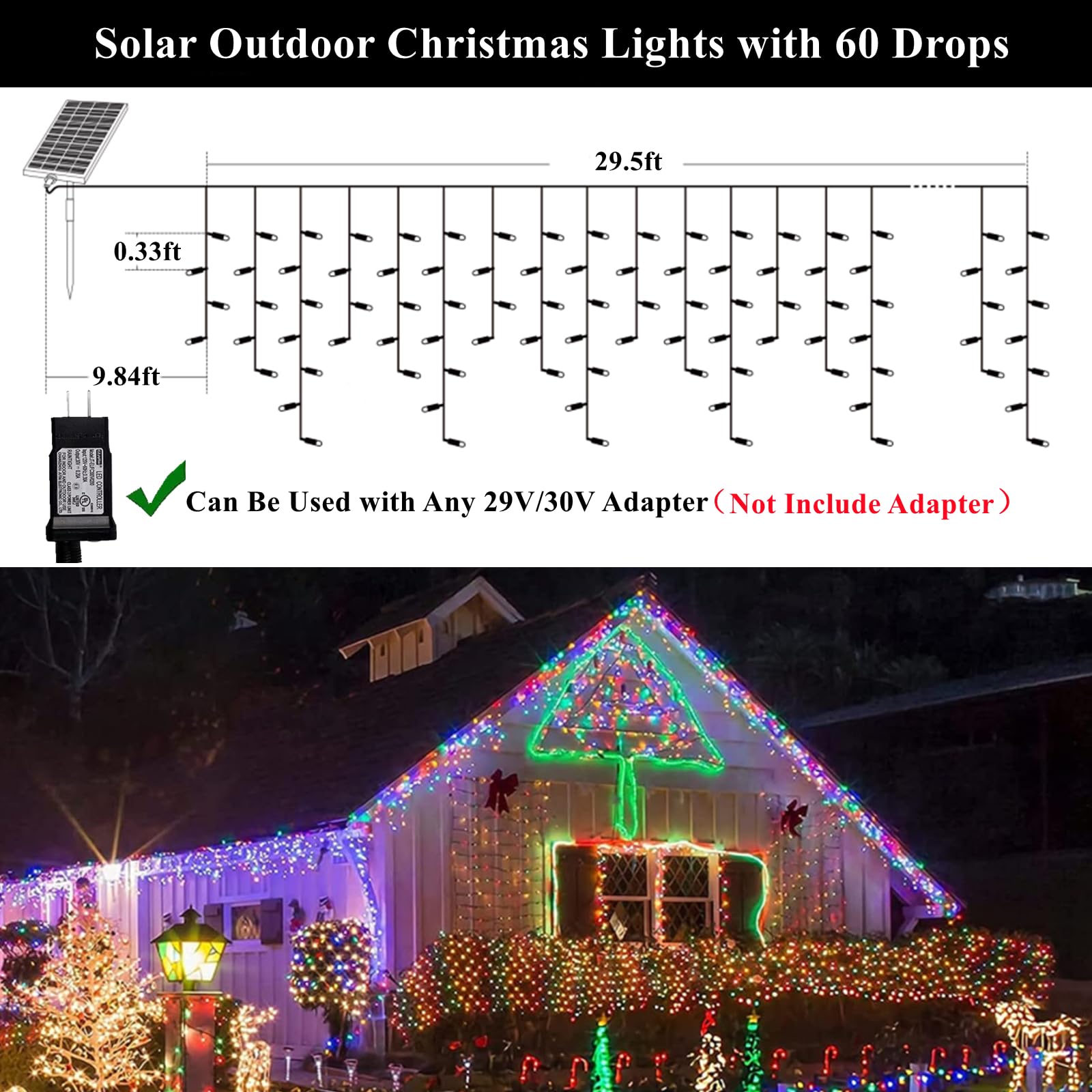 KiflyTooin Solar Christmas Lights Outdoor 320LED 29.5ft Waterproof Curtain Fairy Lights Red Green