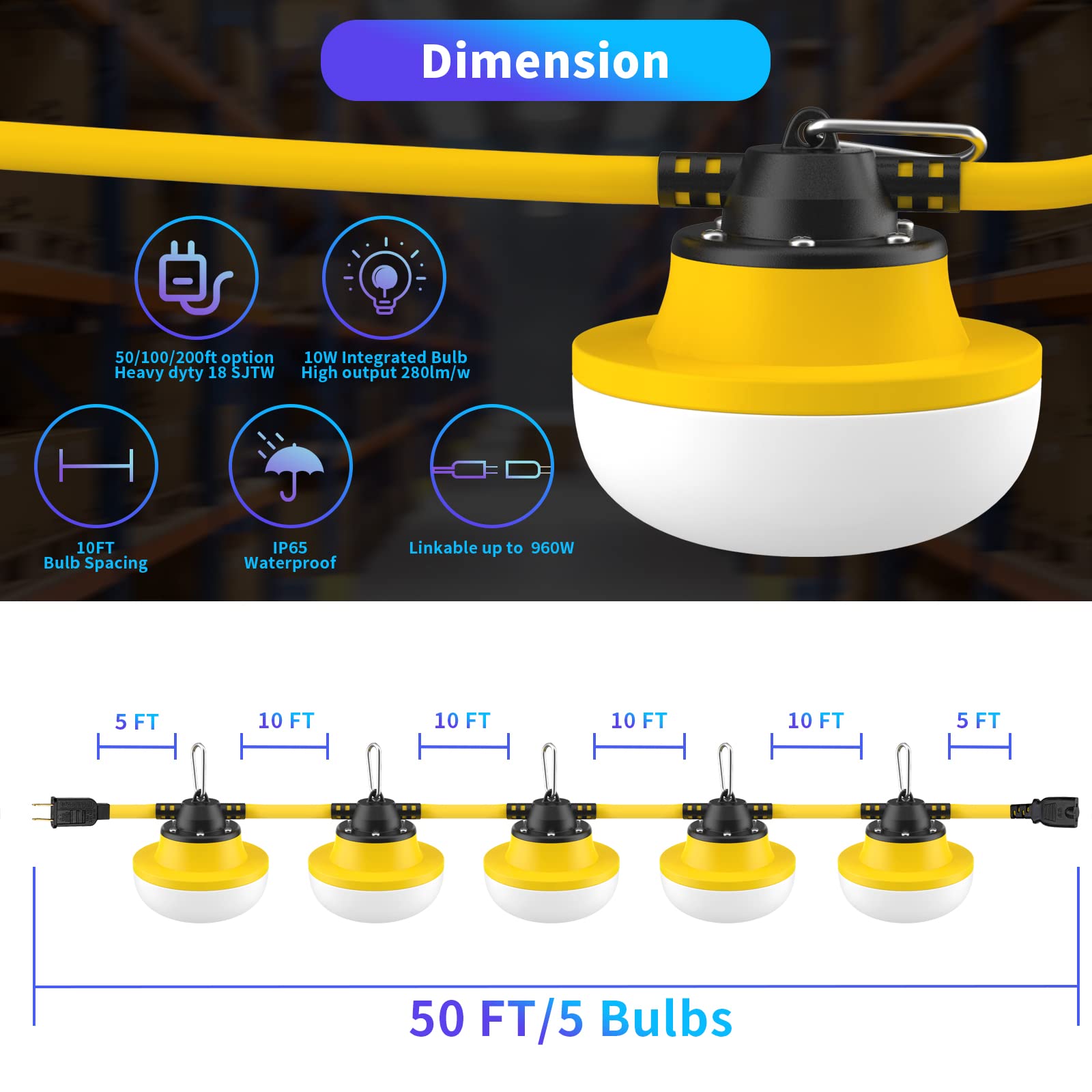 Muasdae 200FT LED Construction String Lights - Industrial Grade, Yellow, 2-Prong, Ideal for Outdoor Lighting & Renovation Projects