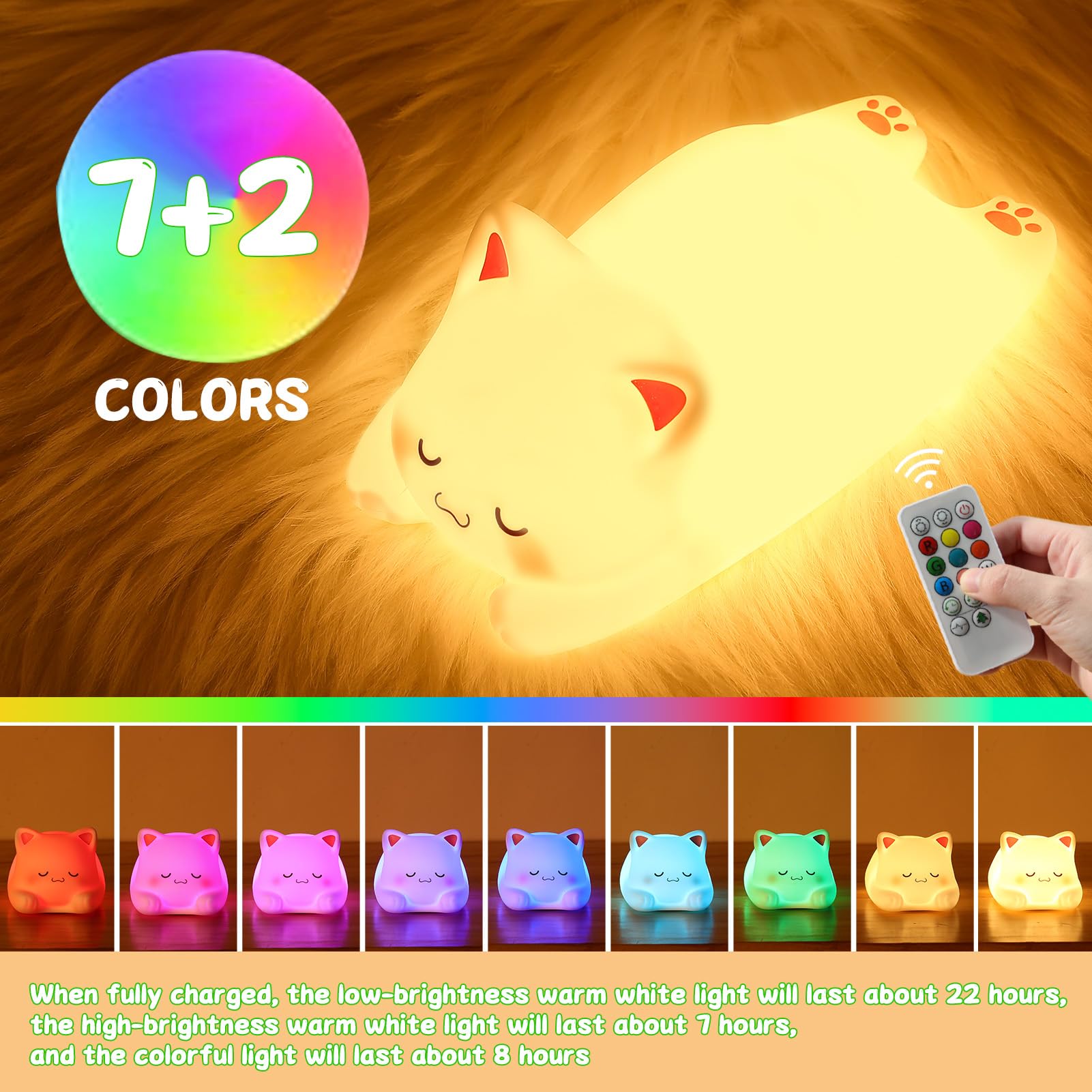 Loveruis Cute Night Light For Kids Cat Night-Light Baby Girl Squishy Nightlight 1/3 Hour Timer Kitty Light Dimmable Nursery Lamp Colorful Nightlight Gift For Kid Toddler Kawaii Bedroom (Cat)