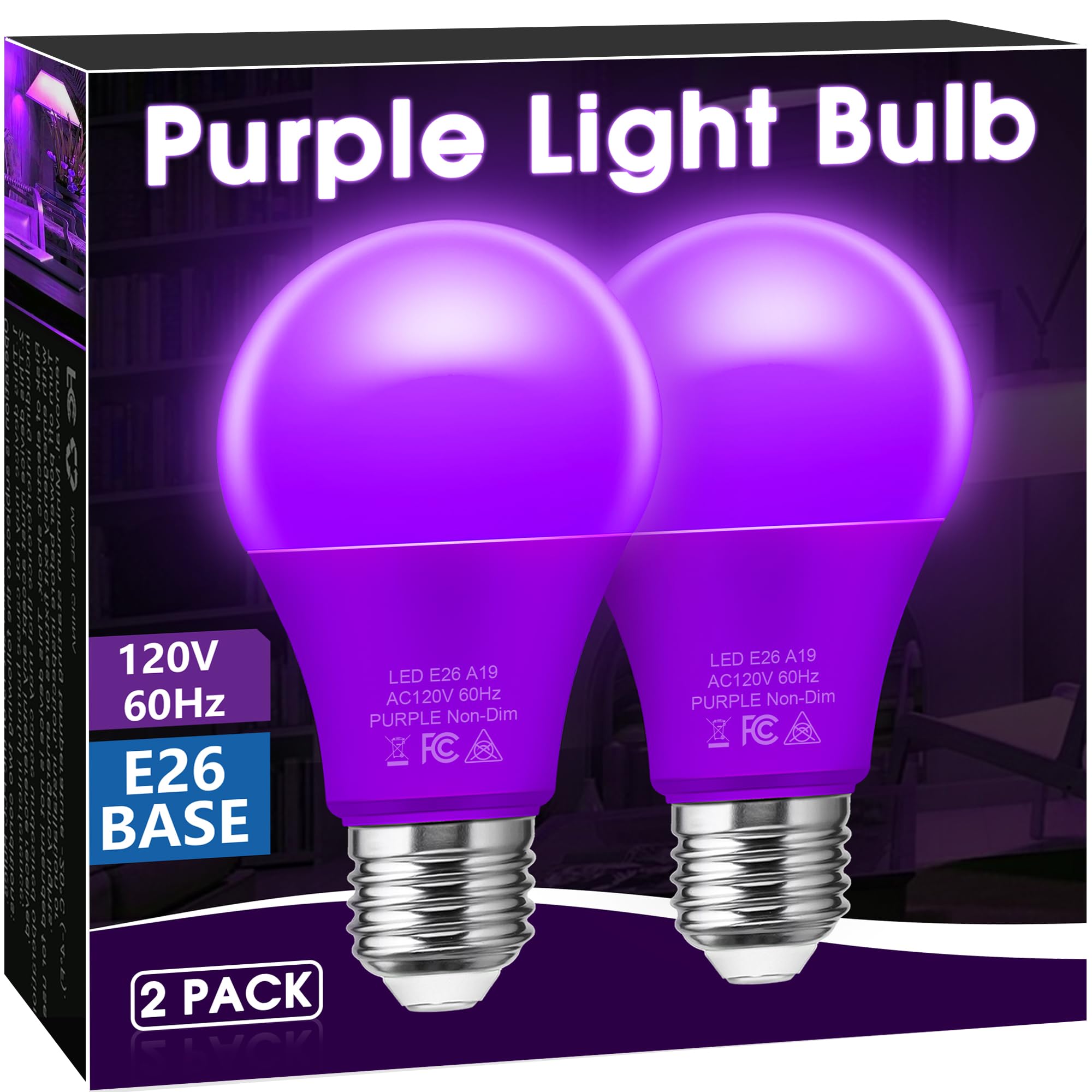Briignite Purple Light Bulbs [2 Pack], A19 Led Purple Bulb Outdoor, Halloween Light Bulbs, 9W (60 Watt Equivalent) - E26 Porch L