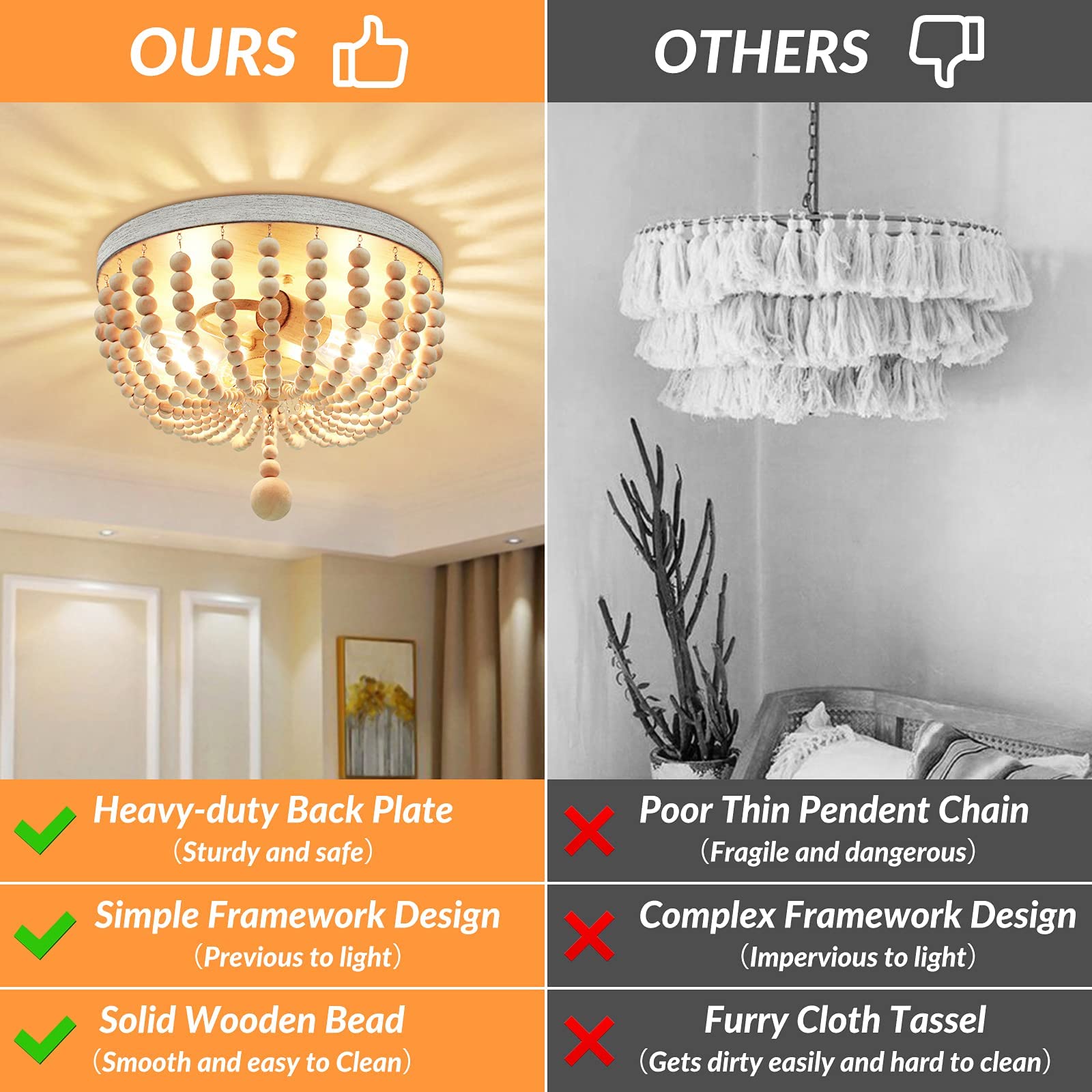 Verron Boho Wood Bead Chandelier, Retro 2-Light Pendant Light, Oak & White, Semi Flush Mount For Living Room, Kitchen, Nursery, Model C3357-02-Sl