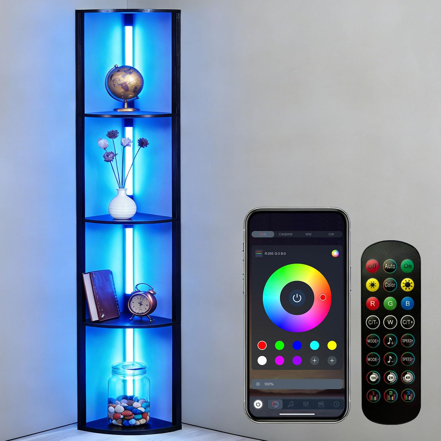 MITELSON RGBCW Floor Lamp with Shelves, LED Smart Modern Floor Lamp with Music Sync, Color Changing Corner Display Shelf Lamp, S
