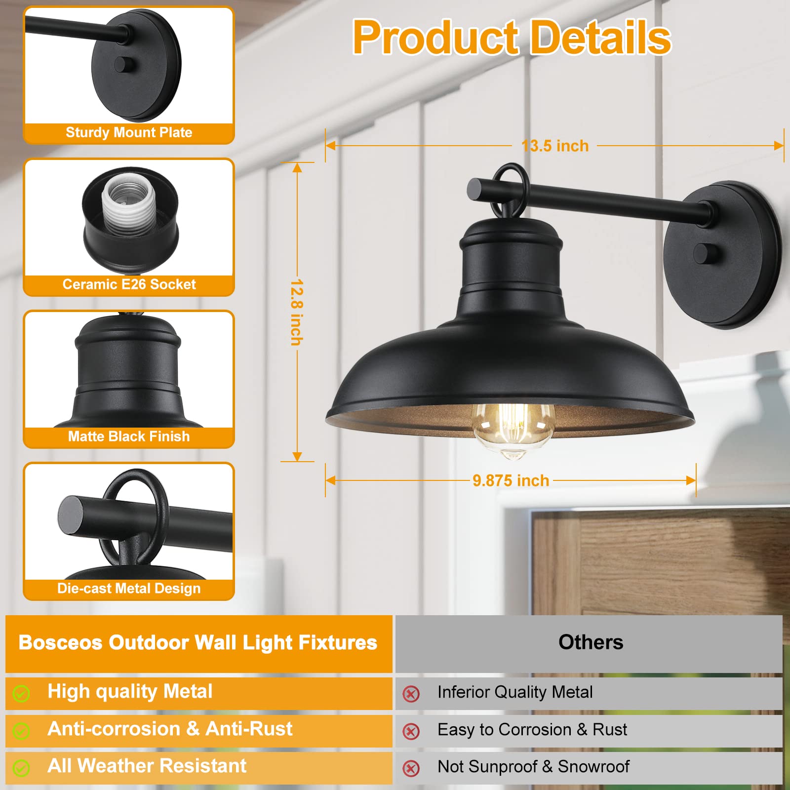 Bosceos Outdoor Wall Lights - 2-Pack Black Metal Sconces, Waterproof Barn Lanterns for Patio and Porch, Model B10019P