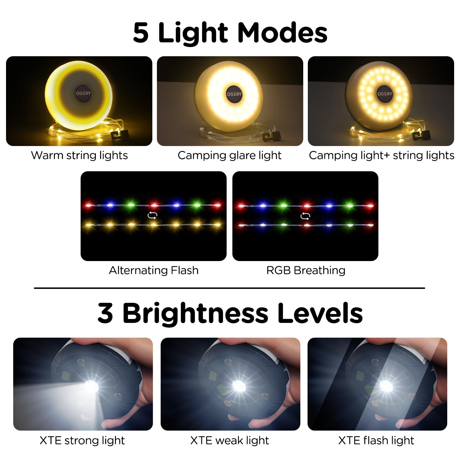 Ogery 2-Pack Camping String Lights, 32.8Ft Rechargeable Led, 8 Modes, Waterproof, Black, Model Og-L-Bl-T