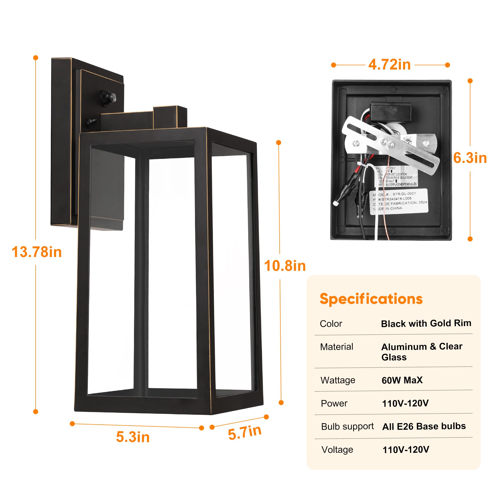 Partphoner Black Exterior Light Fixtures Wall Mount With Gold Rim, Dusk To Dawn Outdoor Porch Lights Lamp, Sensor Wall Sconce, W