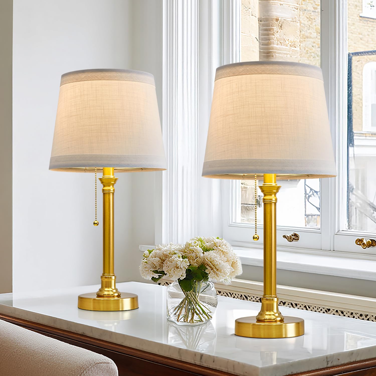 Oneach Table Lamps Set of 2, Modern 19.5in Brass Gold Metal, Pull Chain Switch, White Linen Shade, Model OYS-T0009GL-New