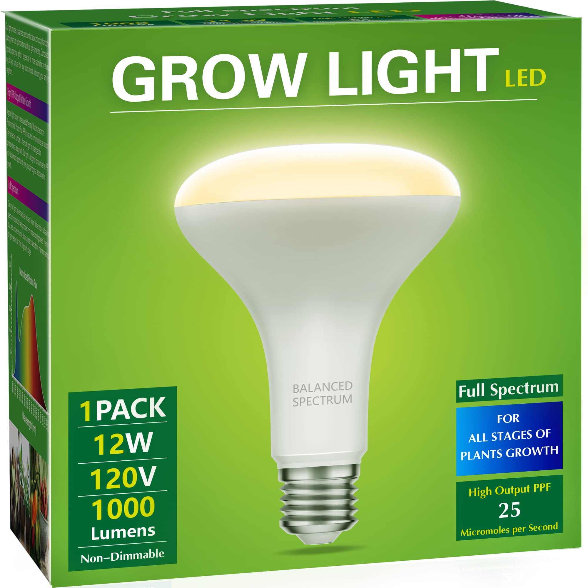 Briignite LED Grow Light Bulb, Full Spectrum 12W, E26 Base, for Indoor Plants, Greenhouse, BR30 Model, Plastic, 1 Count
