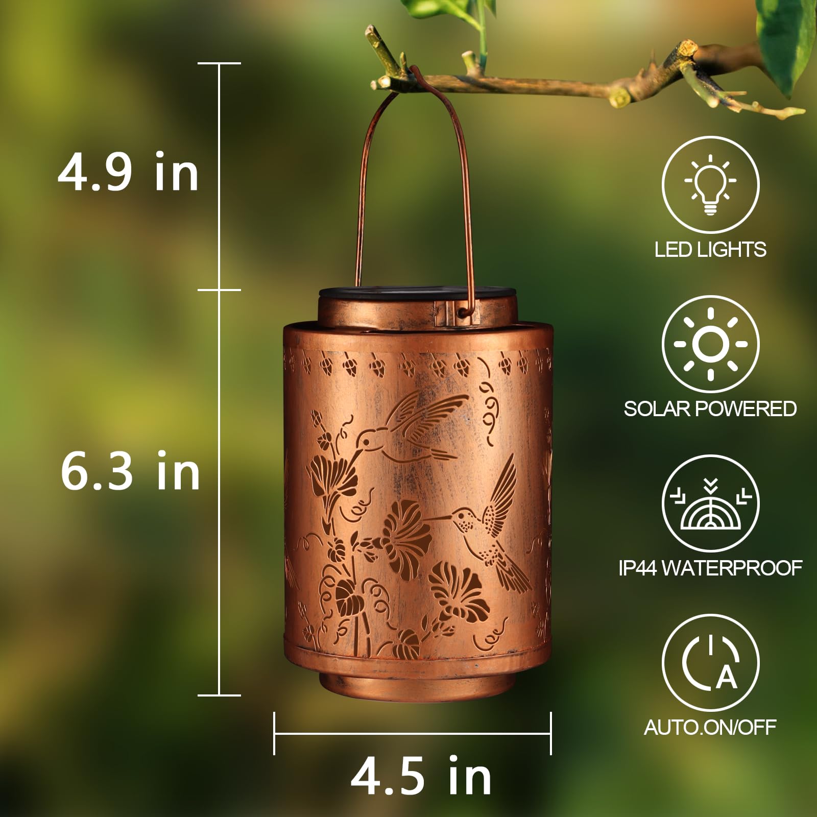 Tepaken 2 Pack Solar Lanterns Outdoor Metal Hanging Lights for Garden Decor, Waterproof, Gold, Model T-DL205-2P