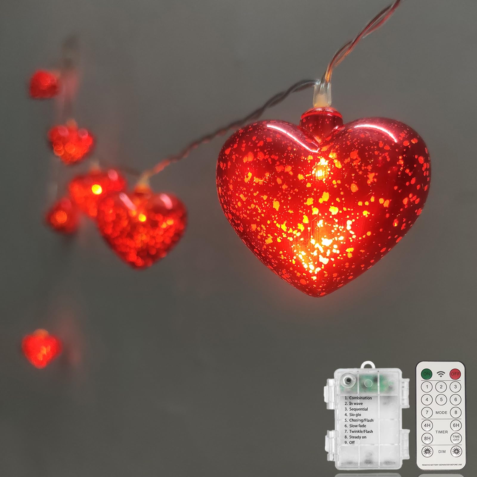Valentine Heart Lights 6.8Ft 10 LED Valentines Day Lights with Remote Timer, Battery Powered Heart String Lights Indoor Valentin