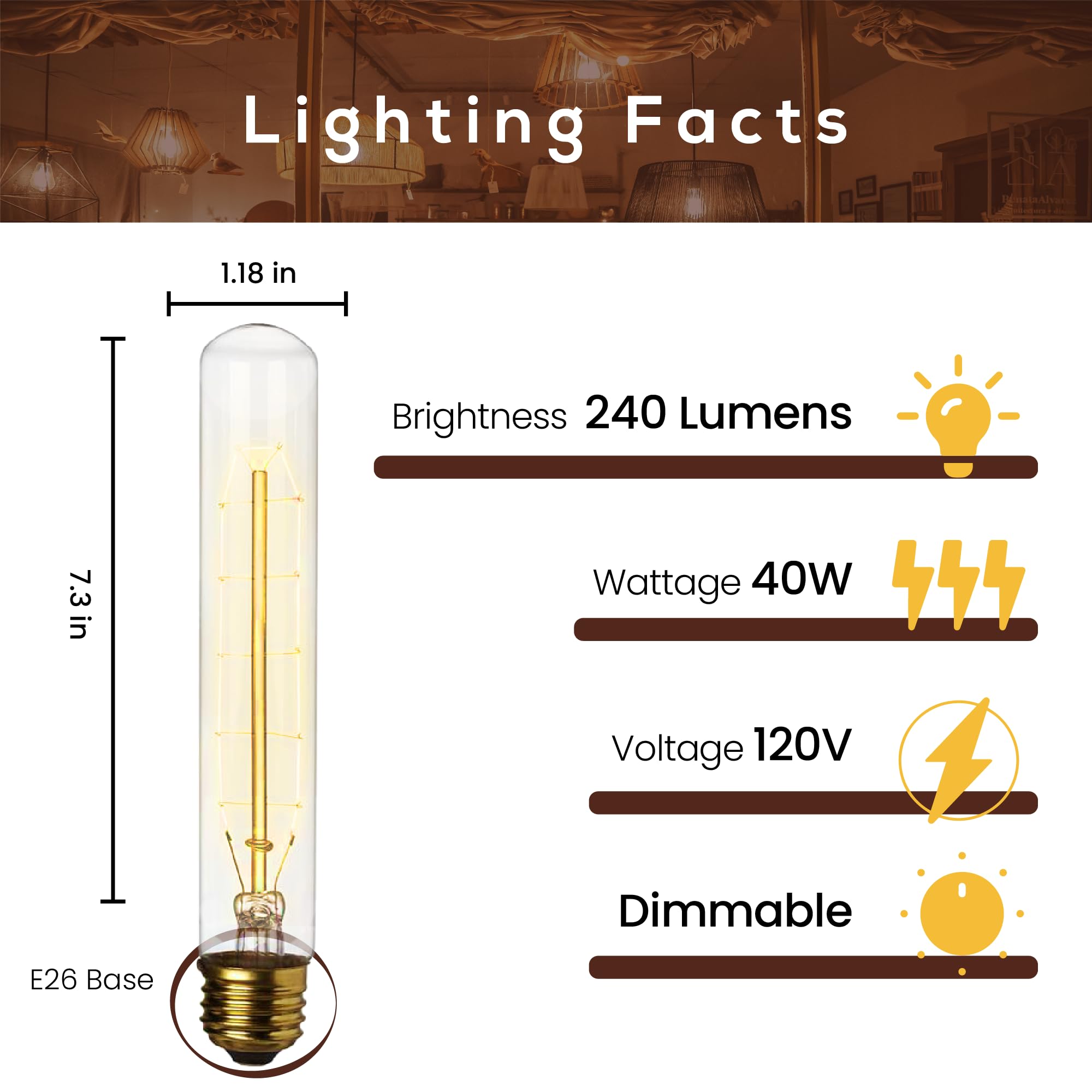 Weyolin Edison Light Bulbs, 40W Warm White, Dimmable T10 Tubular, 7.3 In, E26 Base, Clear Glass (4-Pack)