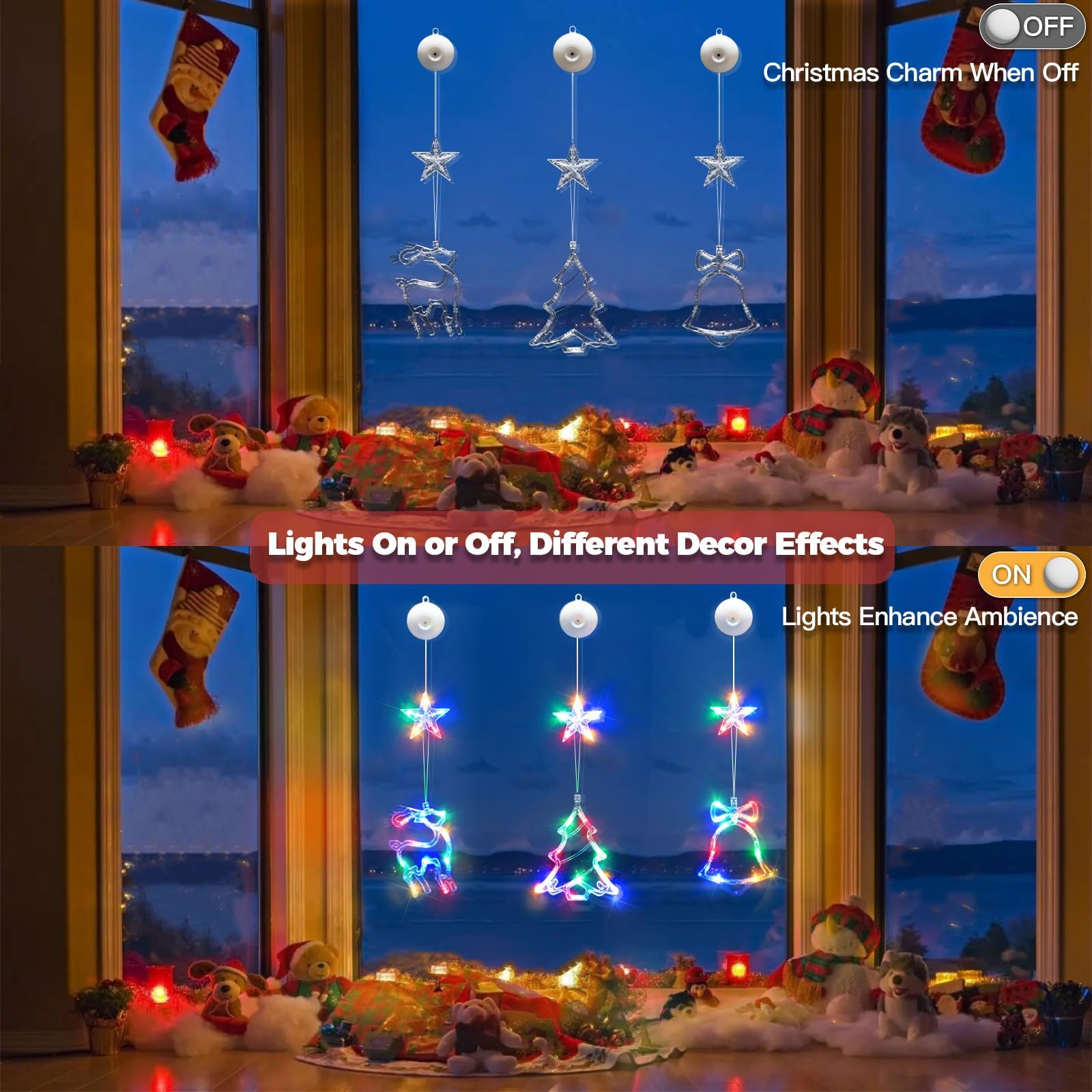 Suddus Christmas Window Lights Decorations, 3Pcs Tree-Jingle Bell-Deer Shaped Xmas Lights Battery Powered With Suction Cups & Timer, Hanging String Lights Indoor For Tree, Fireplace, Multicolor