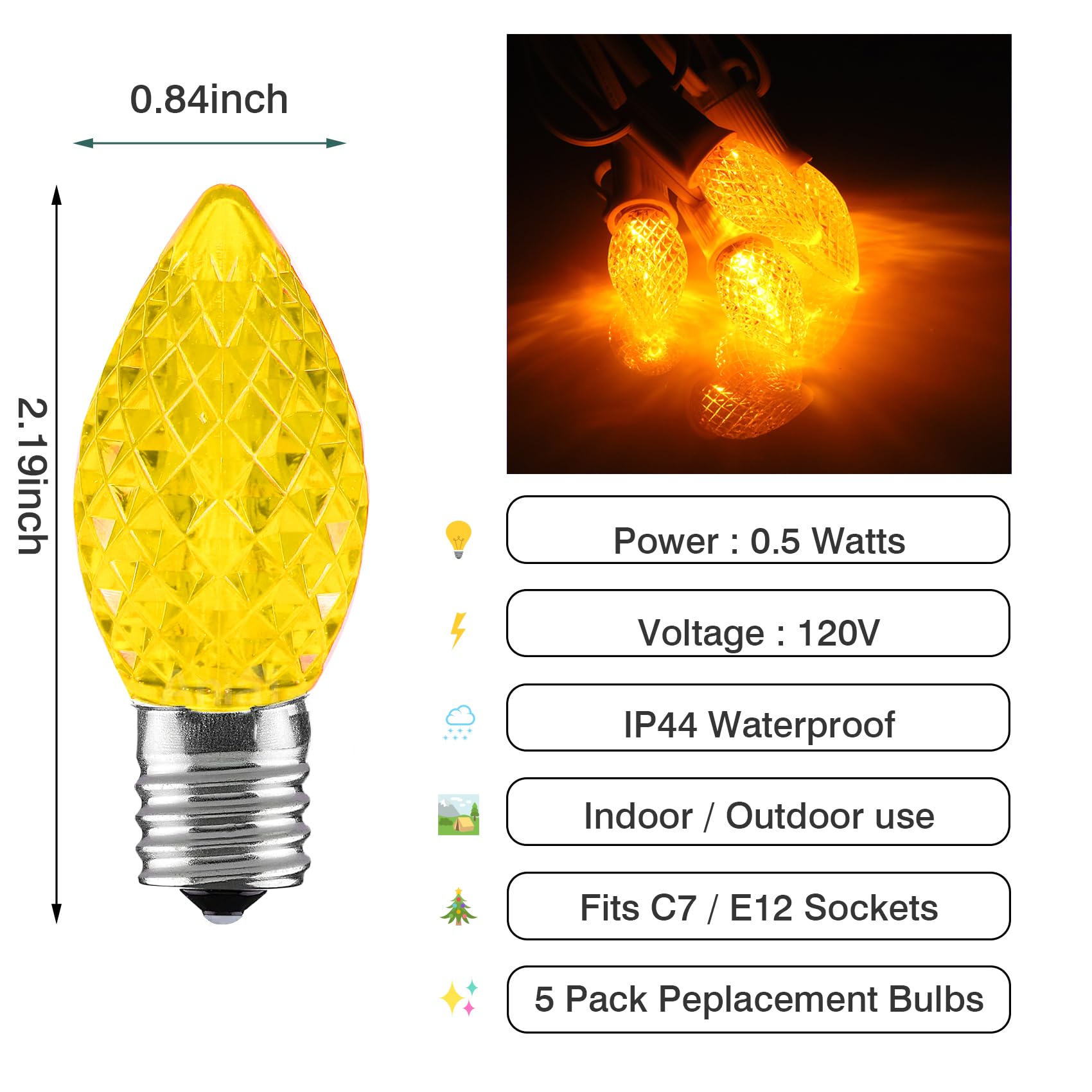 Aniai 5Pcs C7 Led Christmas Light Bulbs - C7 Led Bulbs With E12 Base Sockets Replacement Bulbs For Outdoor String Lights - Comme