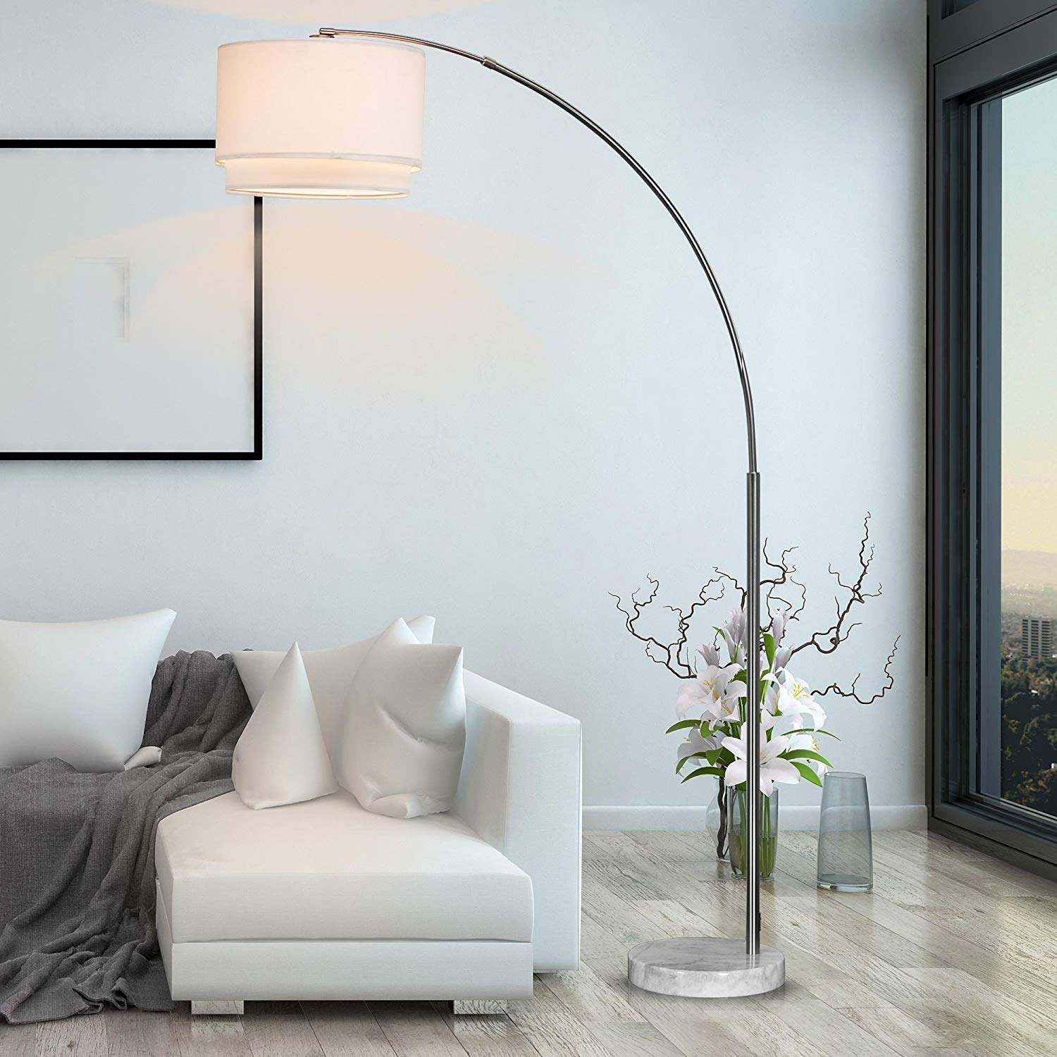 Major-Q 81" Arc Floor Lamp - X-Large White Drum Shade, Real Marble Base, Metal, Model SH-6938WH