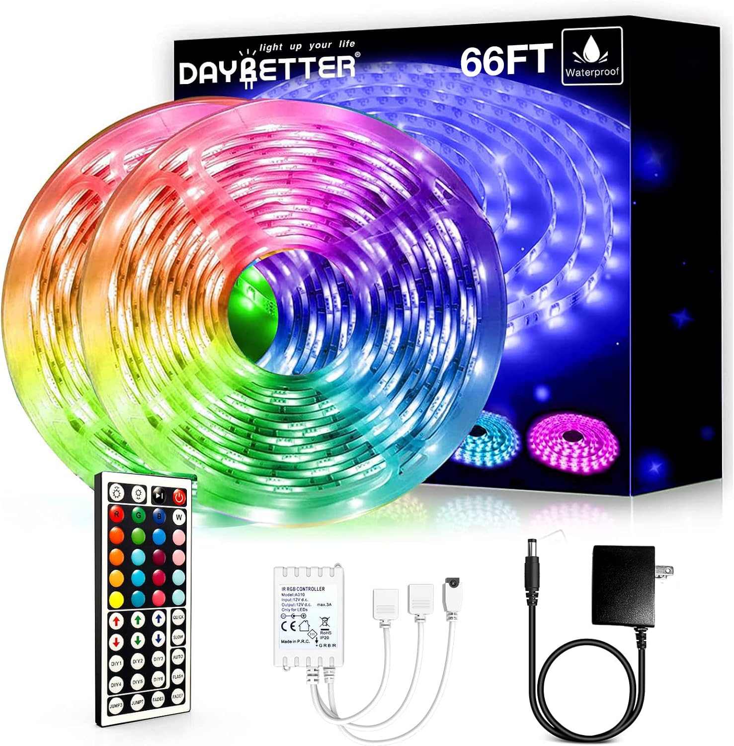 DAYBETTER Waterproof LED Light Strips 66ft, Outdoor LED Strip Lights Color Changing 5050 RGB LED Strip Lights with Remote Contro