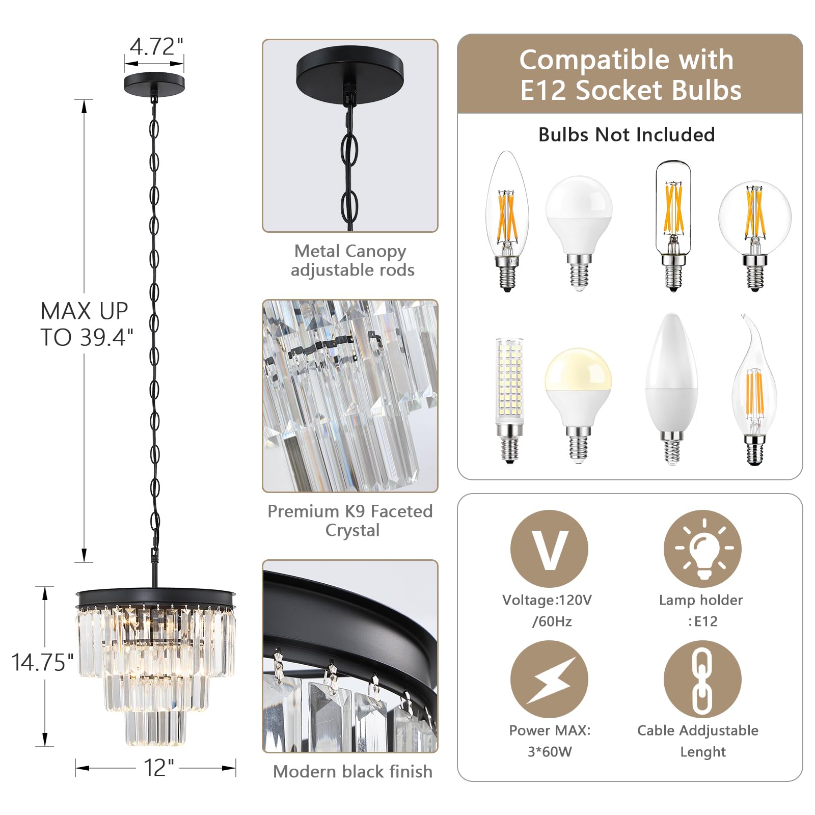 3 Tier Black Crystal Chandeliers, 12 Inch Modern Chandelier Light Fixture, Pendant Lighting Fixtures For Kitchen Island, Vintage
