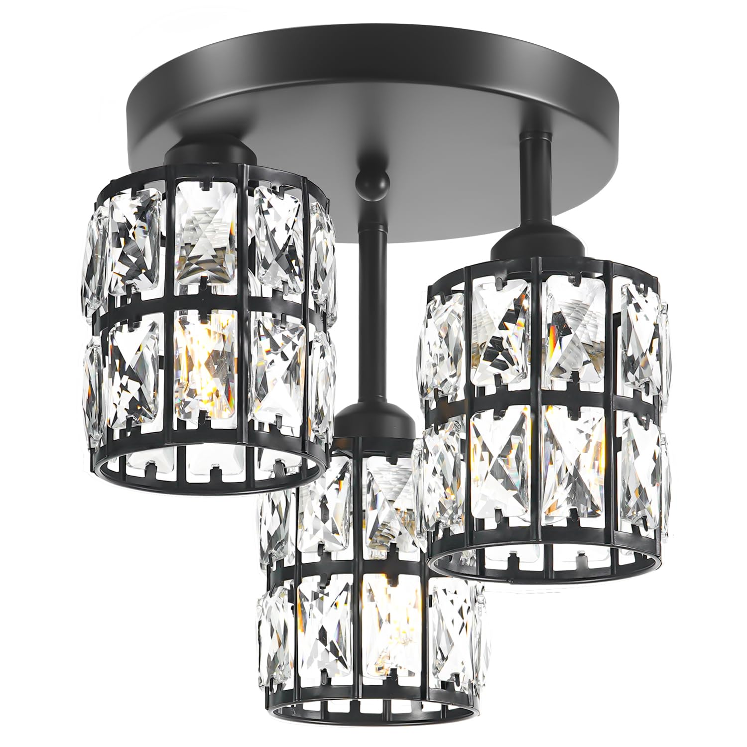 Modern Semi Flush Mount Ceiling Light, 3-Light Black Crystal Close To Ceiling Light Fixtures, Kitchen Light Fixtures With Clear 