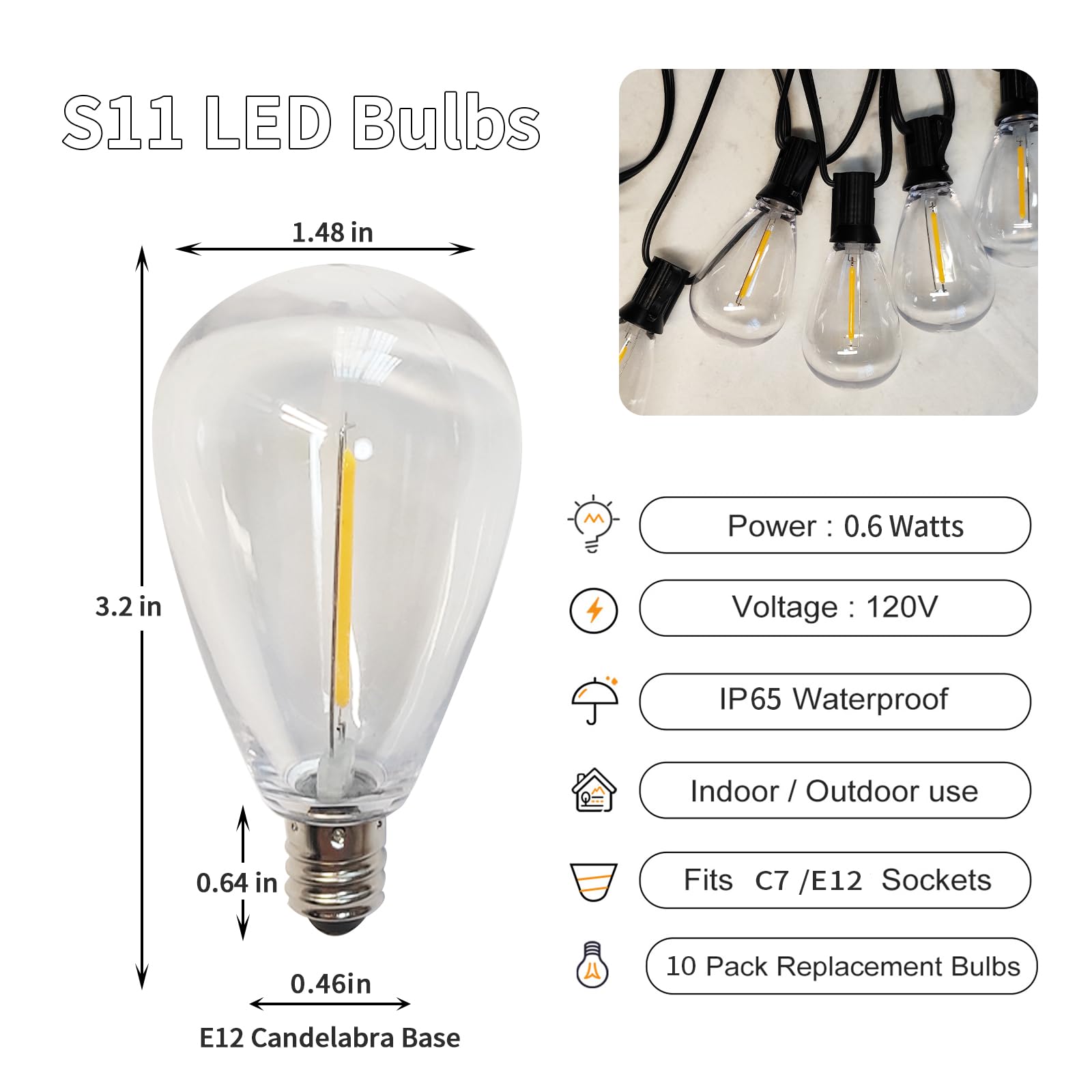 Chyparty S11 Led Bulb 10 Pack, Outdoor String Lights Replacement Bulbs, 0.6W Equivalent To 5W, Dimmable E12 Candelabra Base Wate