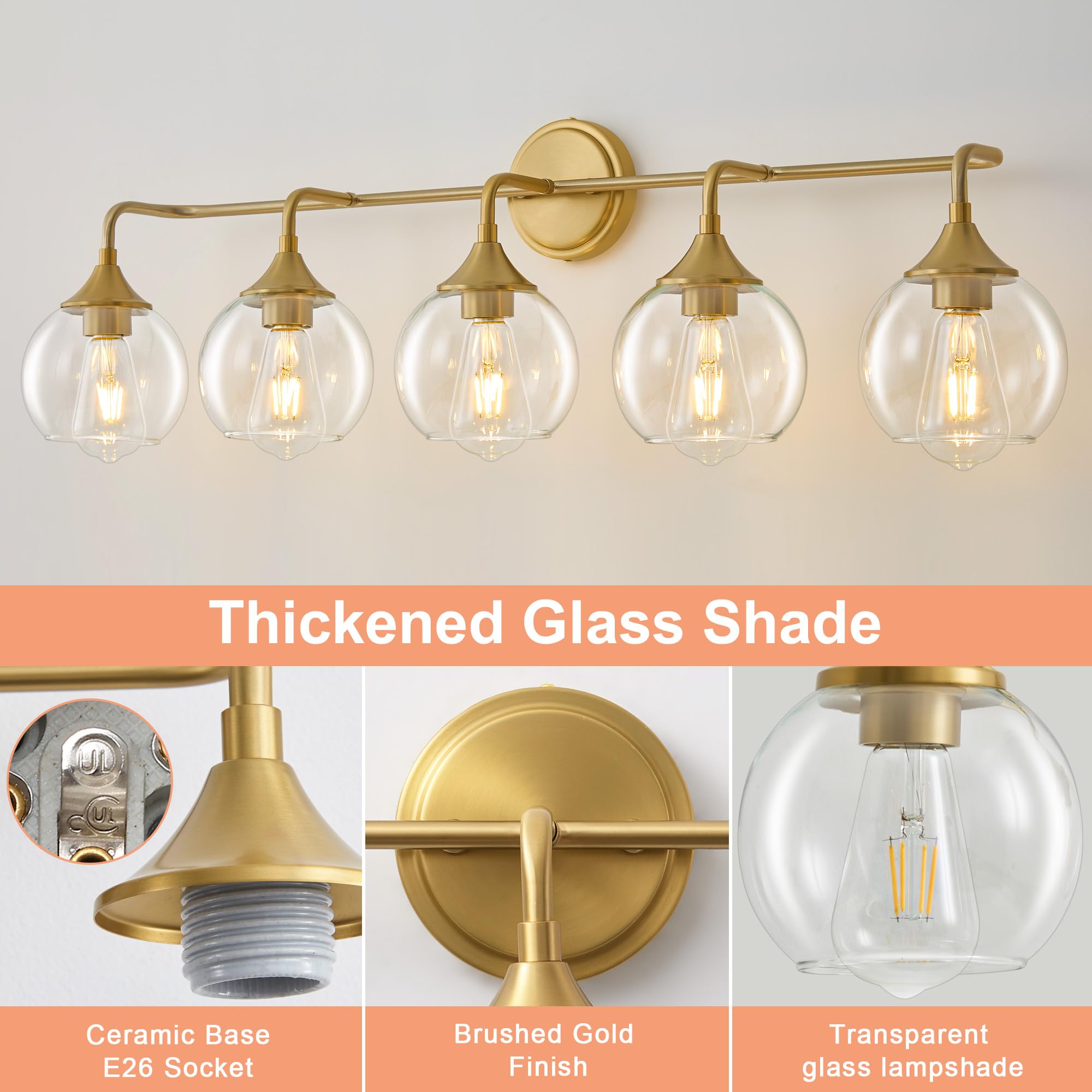 Gednbo Bathroom Vanity Lights, 5-Lights, Clear Glass Shade, Metal, 39 Inch, Gold, Model G1796 (Exclude E26 Bulb)