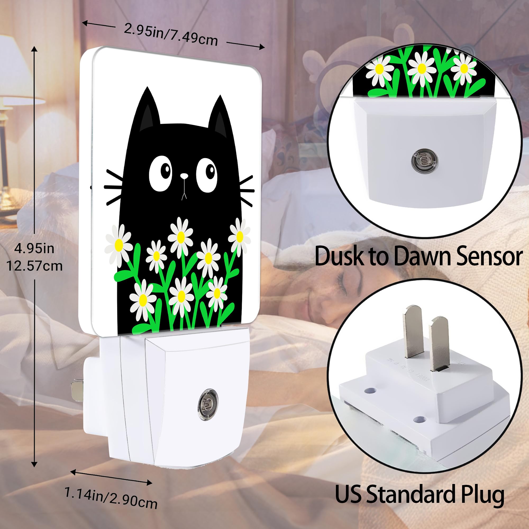Jopowide Cat Kitten Daisy Night Light, Camomile Bouquet Plug Into Wall With Dusk To Dawn Light Sensors, Warm Nightlights For Bed