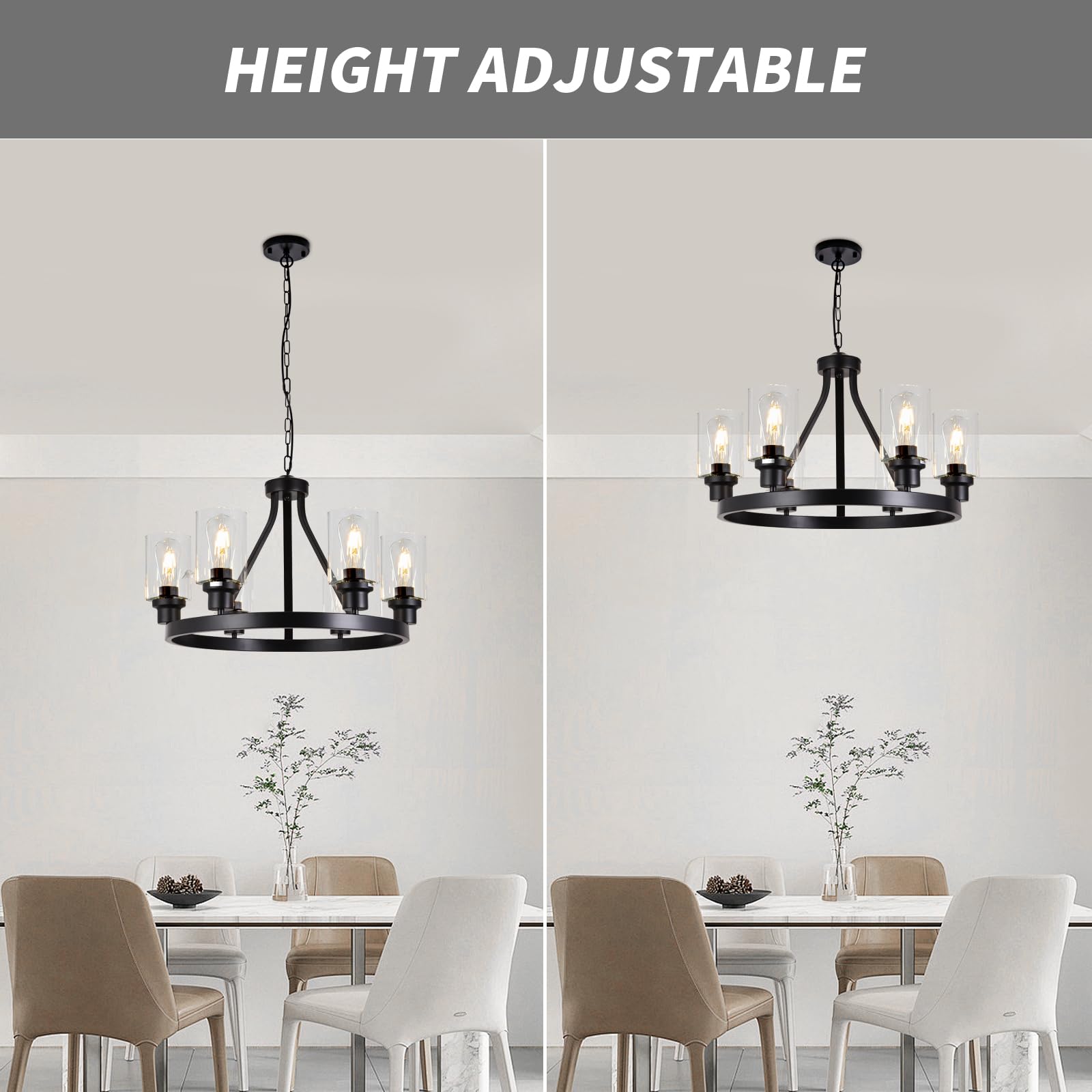 Lanhall 6-Light Farmhouse Chandelier, Black Metal, Adjustable Height, Glass Accents, Modern Rustic Lighting for Dining Room and Kitchen Island