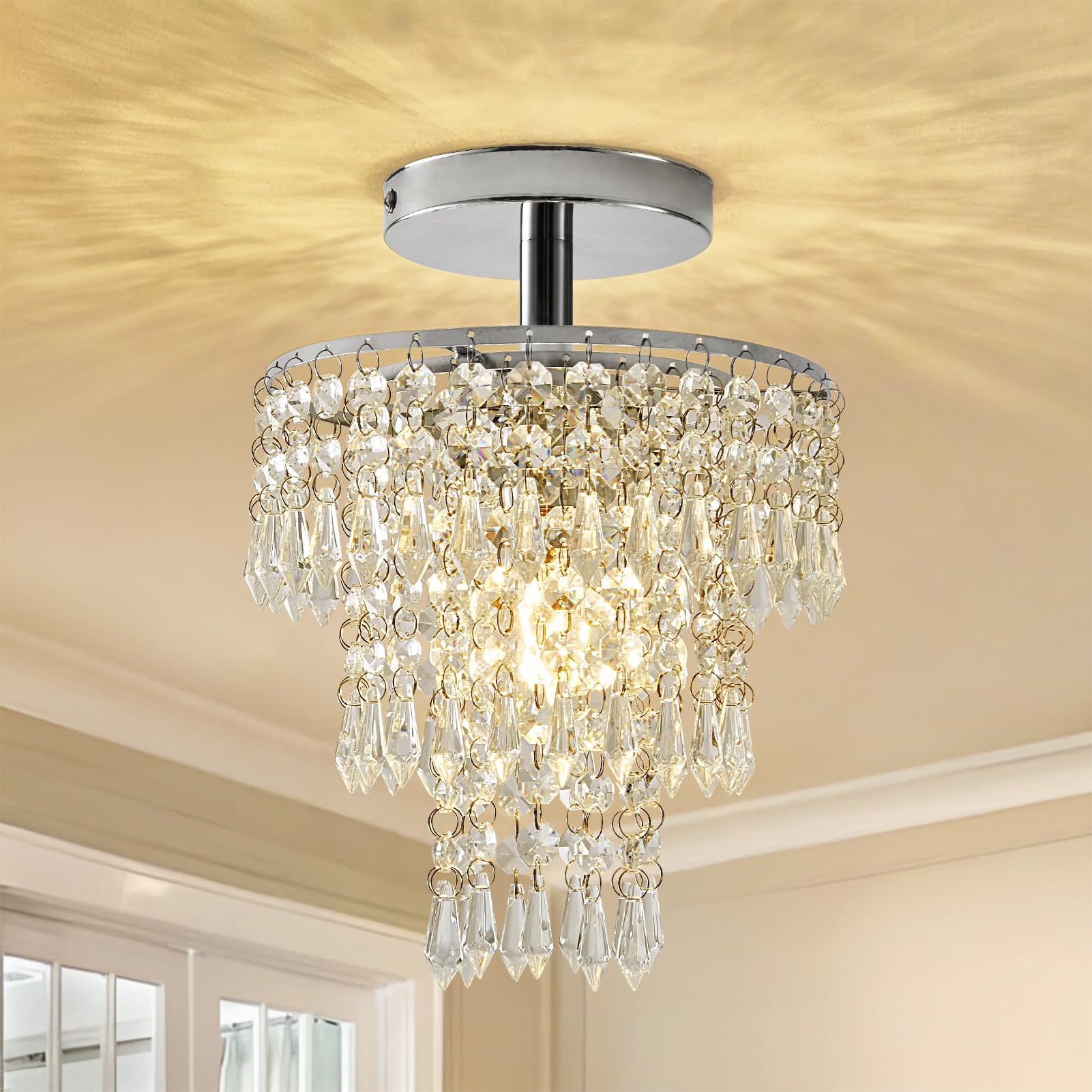 Small Crystal Chandelier, Flush Mount Ceiling Light With 3 Tiers Raindrops Crystal, E26 Base, Mini Chandelier, Ideal For Bedroom, Living Room, Hallway, Bar, Kitchen, Bathroom. D7.9 X H11 (Chrome)