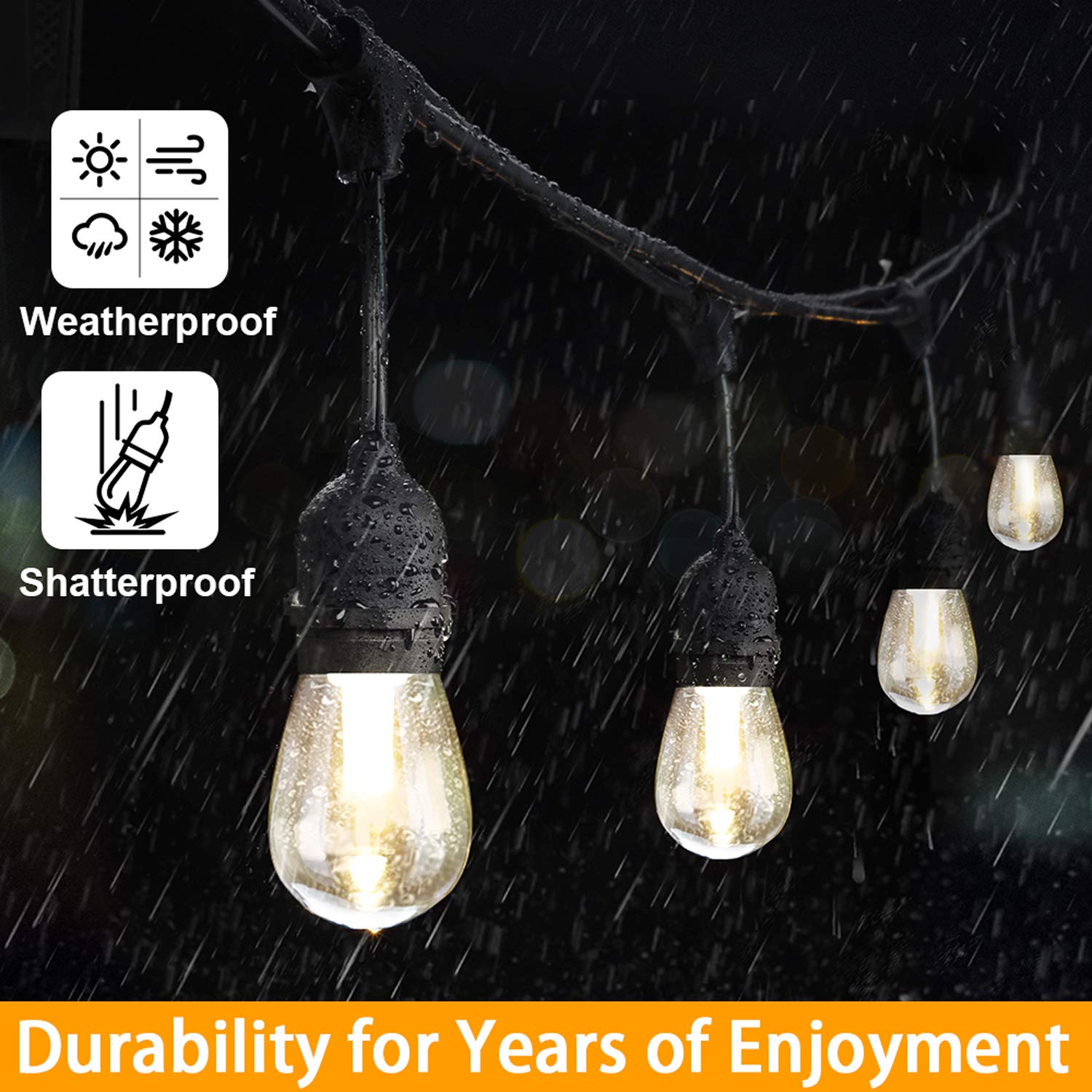 Mlambert Dimmable Solar String Lights, 48FT, 15 Sockets, Waterproof, Black, Model YGM-S14-15S