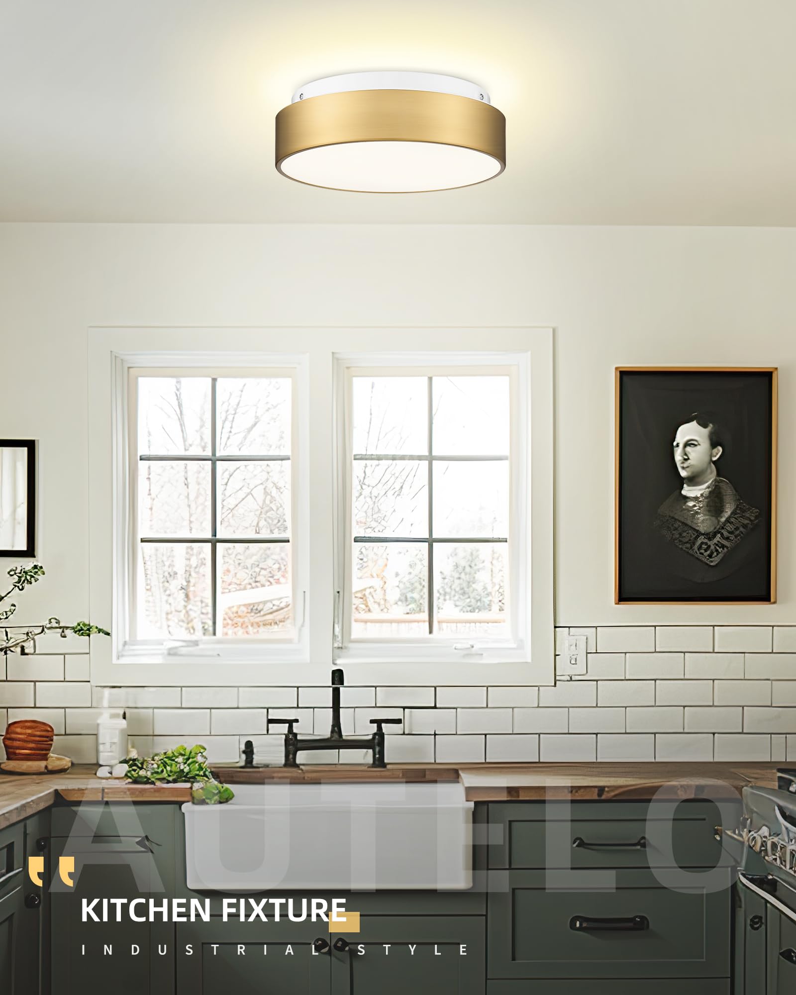 Autelo Led Close To Ceiling Light Fixture 12'' Led 18W Flush Mount Ceiling Light Fixtures With Frosted Glass Shade In Brass Fini