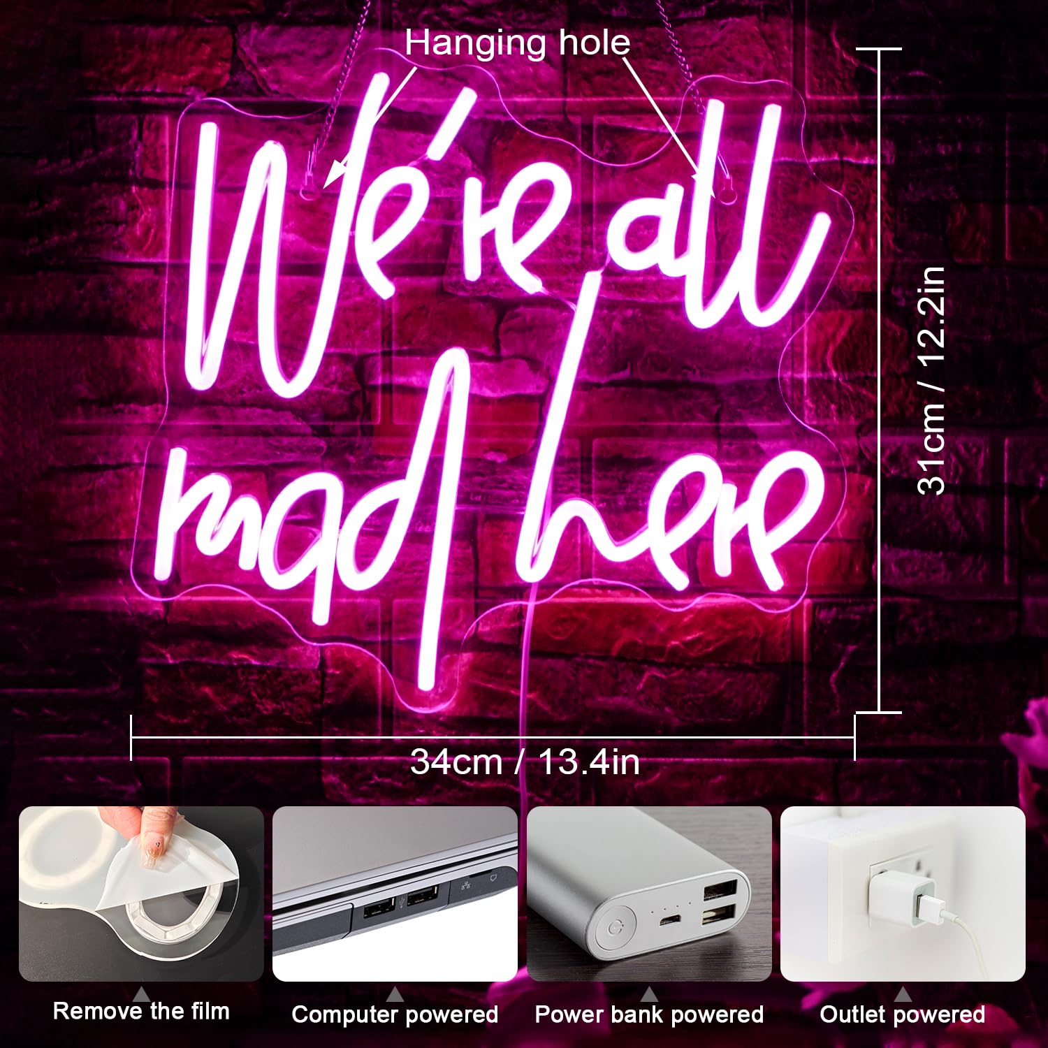WLHOPE Neon Sign for Wall Decor - inWere All Mad Herein - Pink Acrylic - 16.5 x 7.3 inches - Perfect for Parties and Home Decor