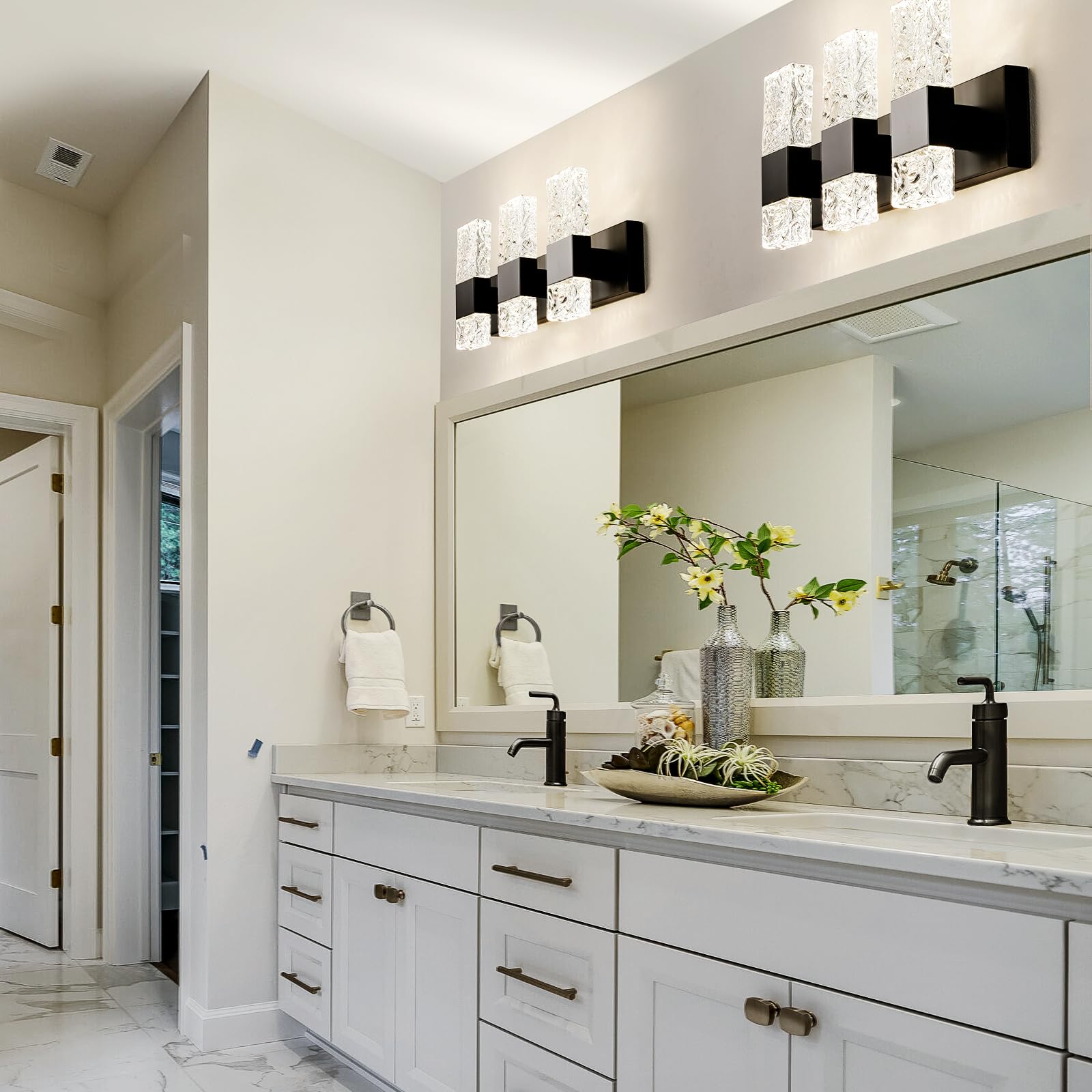 Epinl 3-Light Black Bathroom Vanity Light Fixtures, Iron + Crystal, Modern Wall Sconces, Model 8013WL-03BK-US, 4000K LED