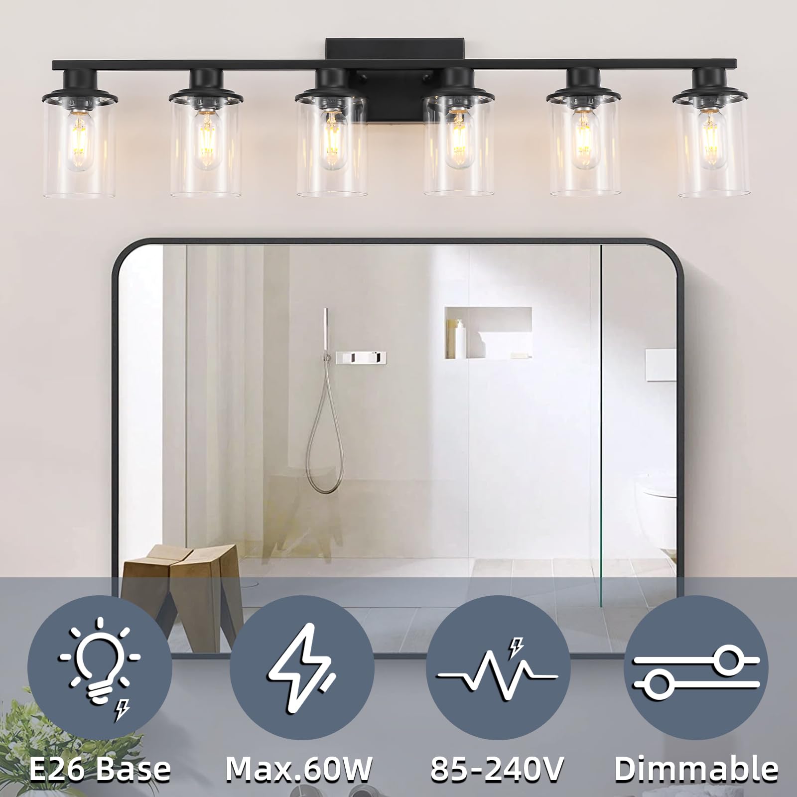 LOUSACE 6 Light Bathroom Vanity Light, Matte Black Metal Fixture with Clear Glass Shades, Model 21-6-BL