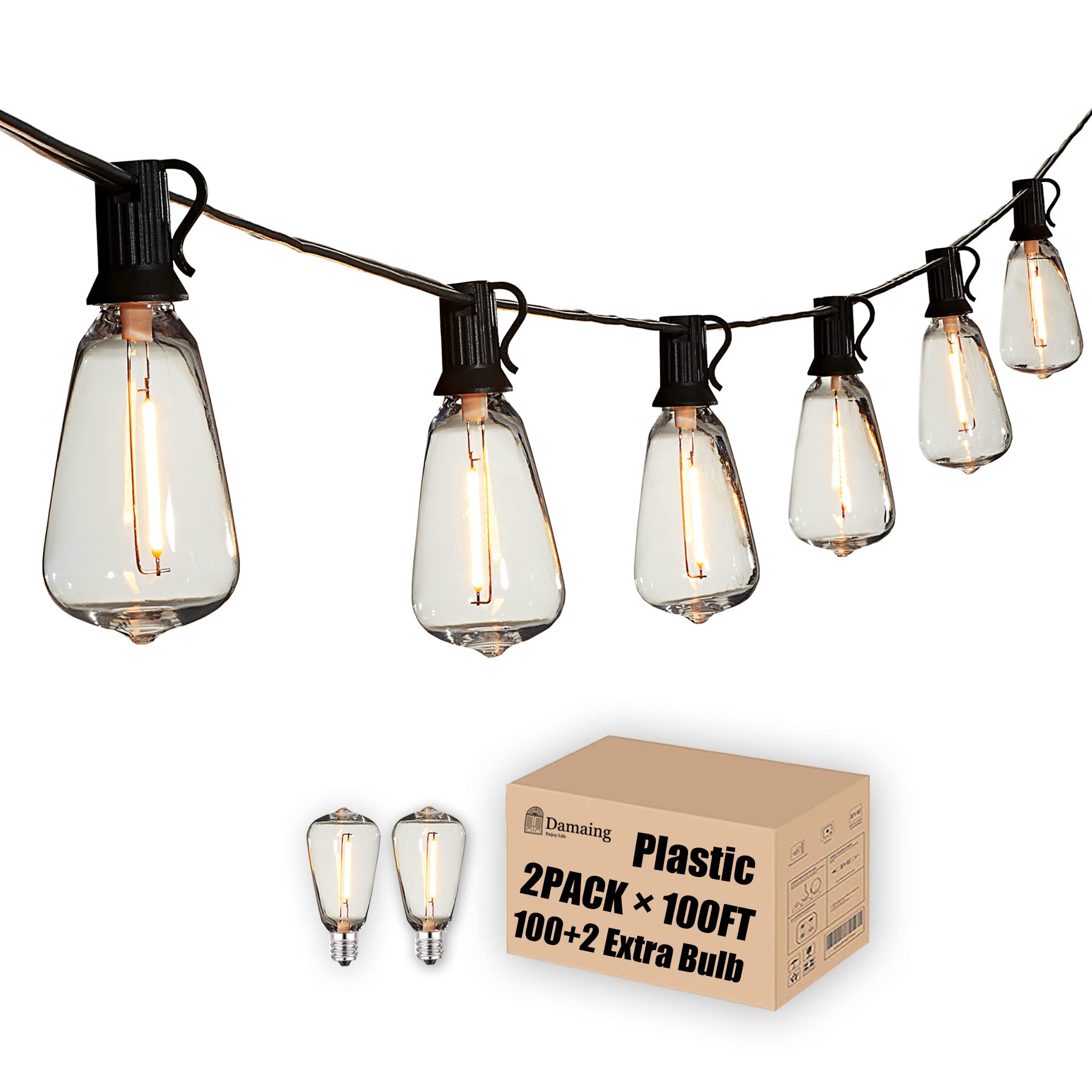 DAMAING Outdoor String Lights 200 FT, Waterproof with 102 LED Bulbs, Dimmable Vintage Edison, Black, Model US200100-Black