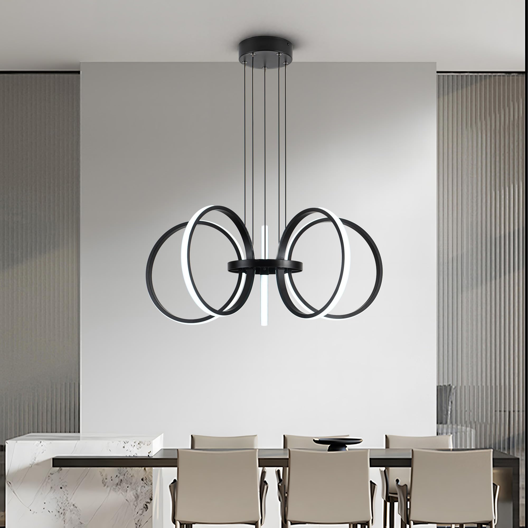 MAYNA Modern LED Chandelier, Adjustable 26" Black Pendant Light, 5 Rings, Aluminum, Model 48915-5P-BK