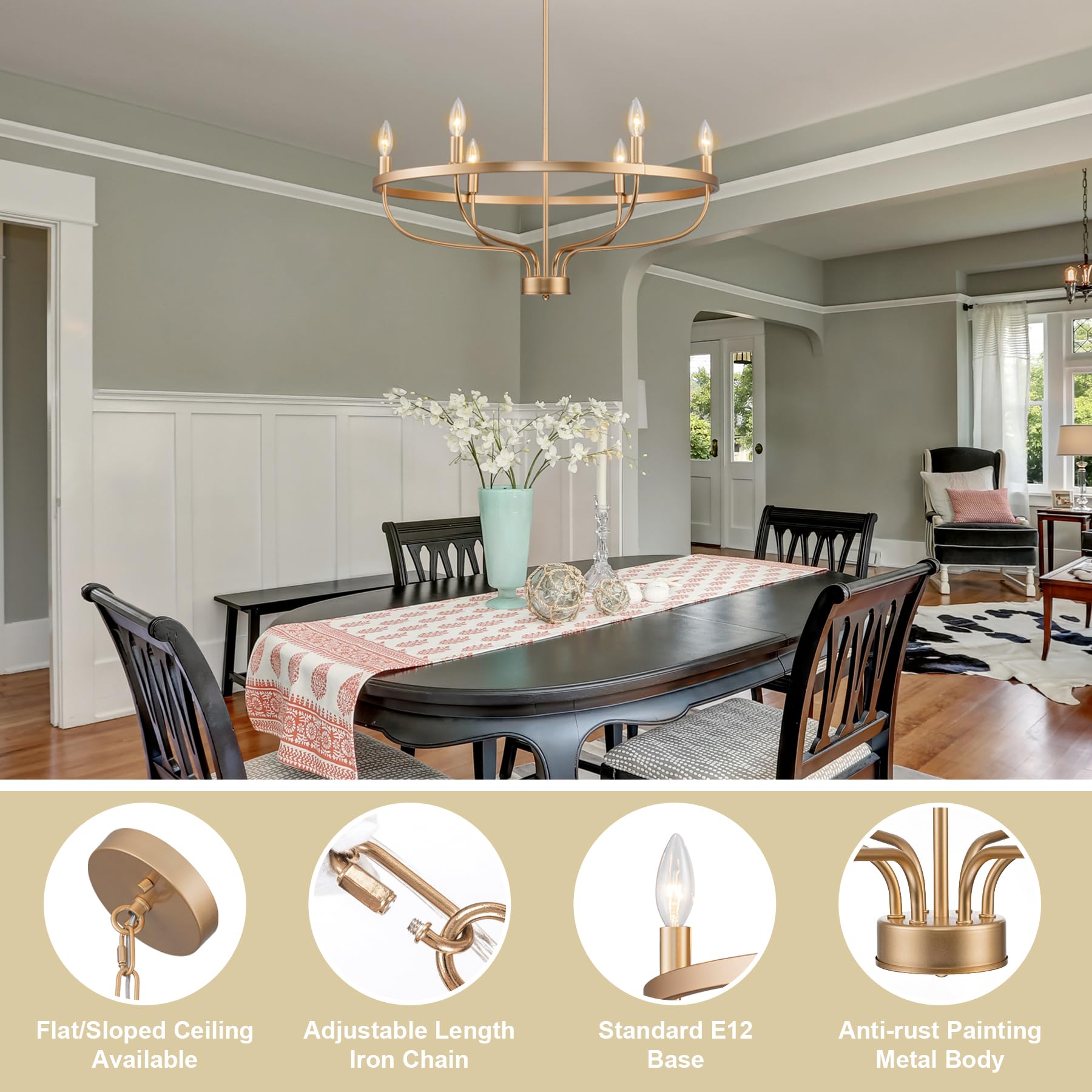 Brknit 6-Light Gold Chandelier, Candle Chandeliers For Dining Room, Vintage Farmhouse Chandelier Light Fixture For Entryway, Bed