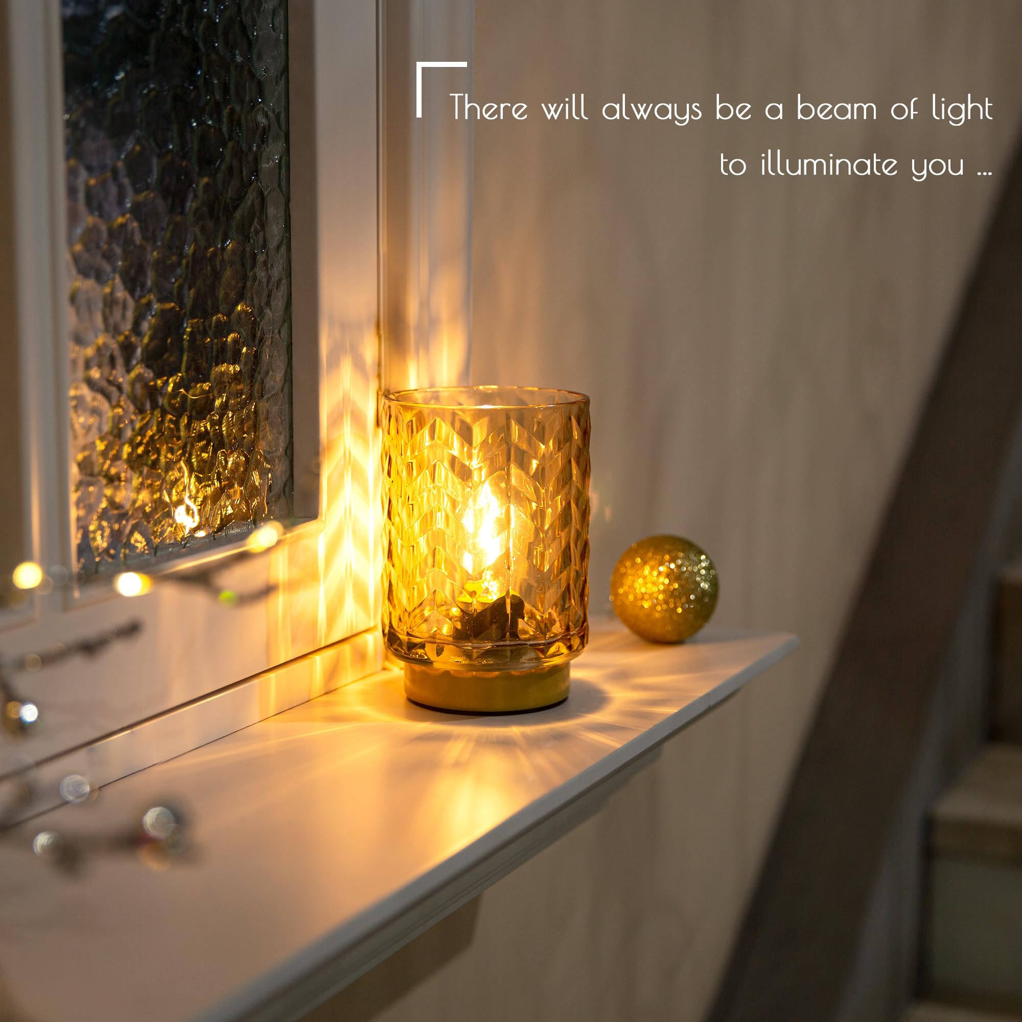 LUSHARBOR Battery Operated Table Lamp with LED Bulb, Glass, Wave-Amber, Model K230007B-AM