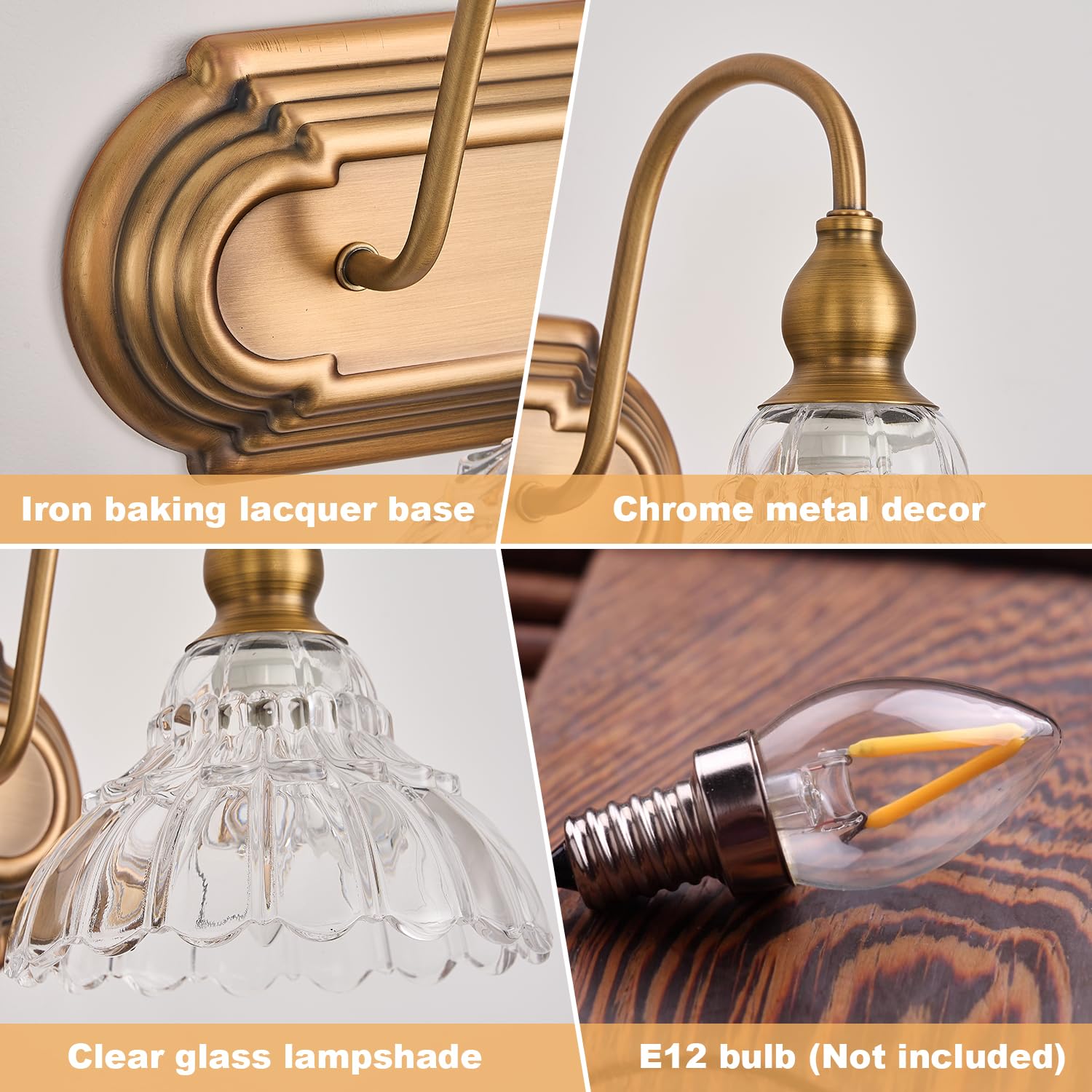 TLOLGT Vintage 3-Light Bathroom Vanity Lighting Fixture, Brass Glass Sconces, Retro Design, Model CP178-3T